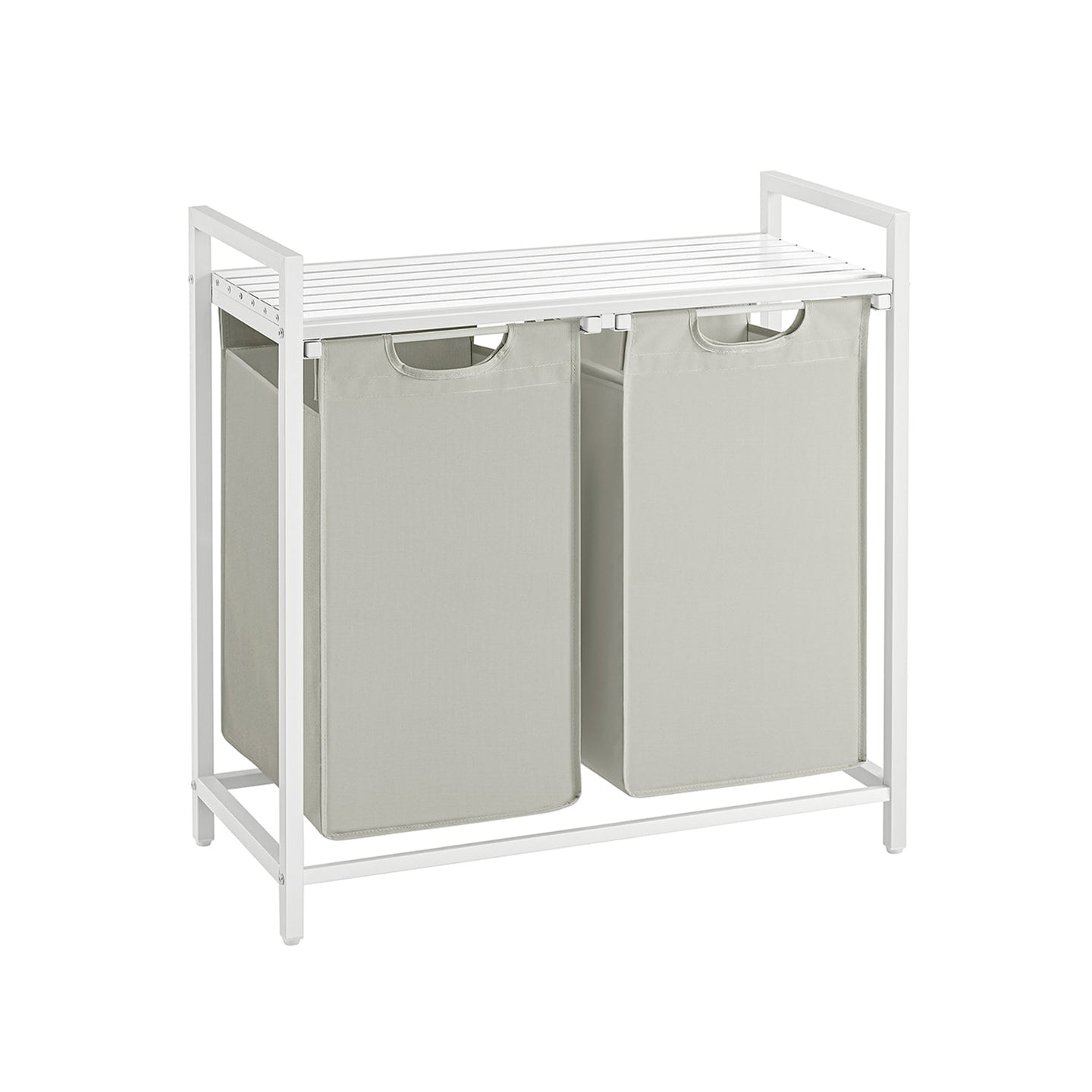 Laundry Basket - Metal Frame - White with Rustic Brown Accents - Includes Shelf and Removable Bags