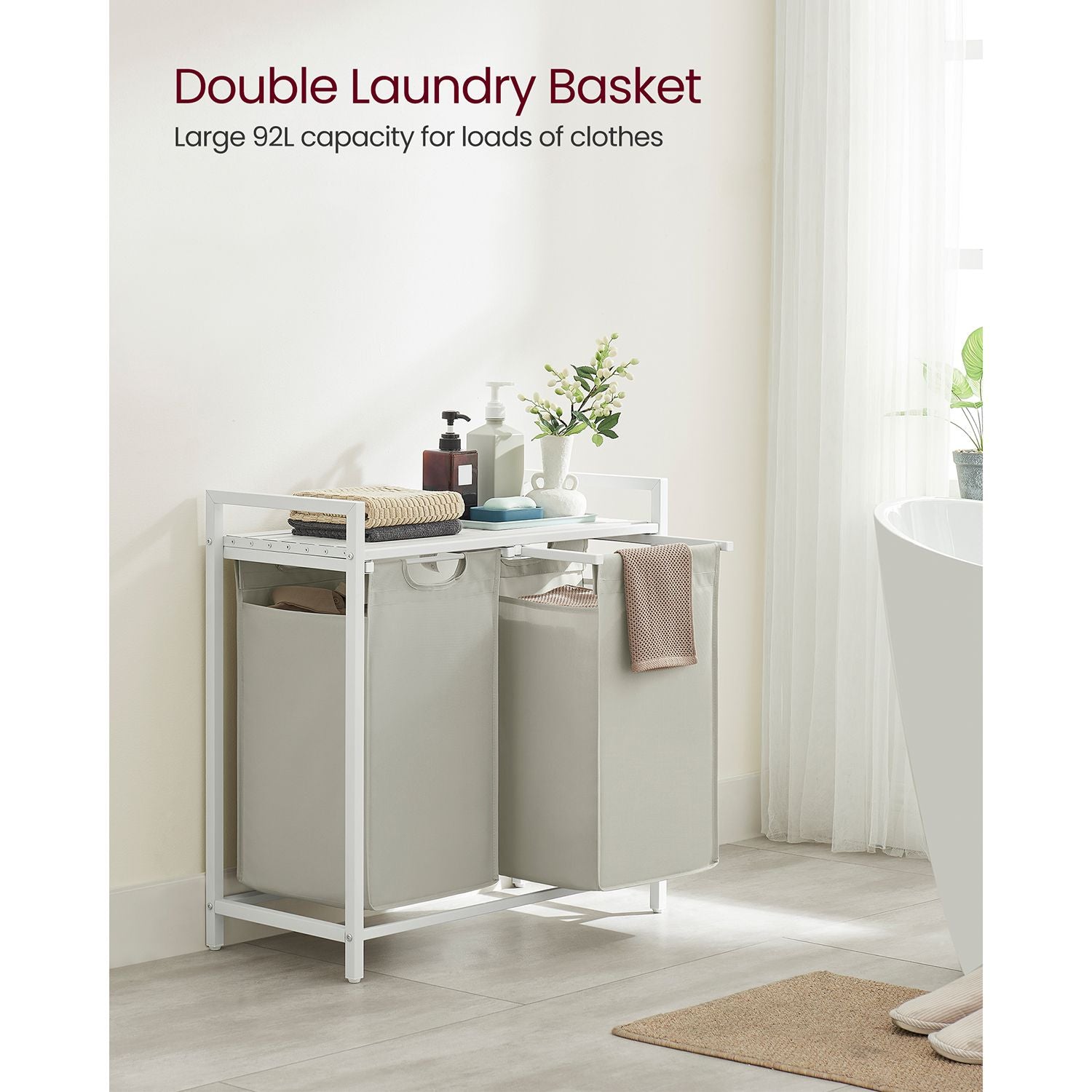 Laundry Basket - Metal Frame - White with Rustic Brown Accents - Includes Shelf and Removable Bags