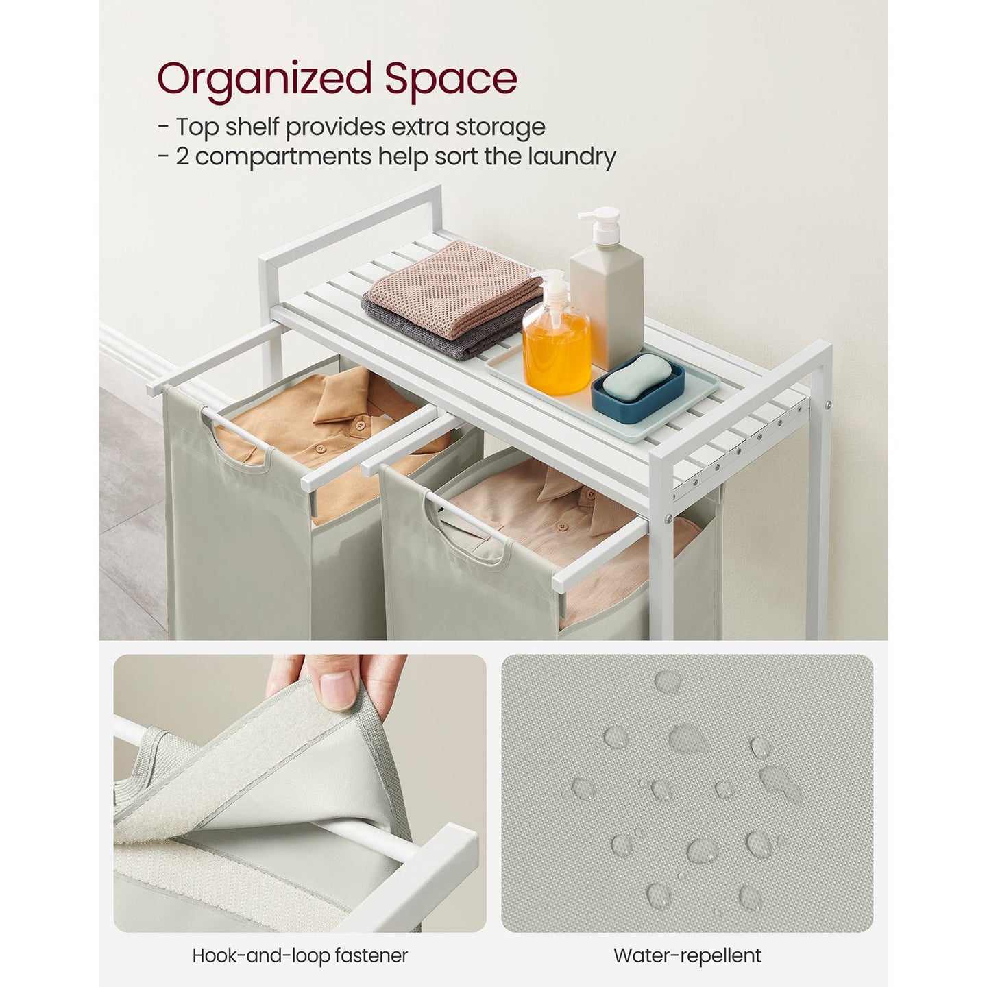 Laundry Basket - Metal Frame - White with Rustic Brown Accents - Includes Shelf and Removable Bags