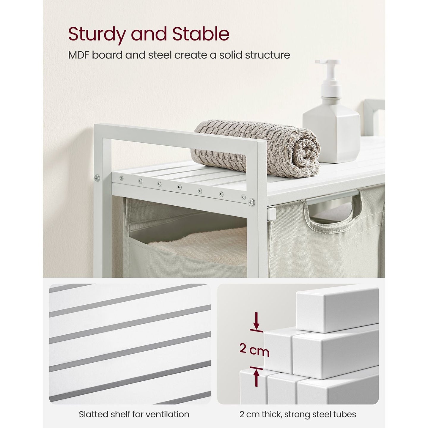 Laundry Basket - Metal Frame - White with Rustic Brown Accents - Includes Shelf and Removable Bags