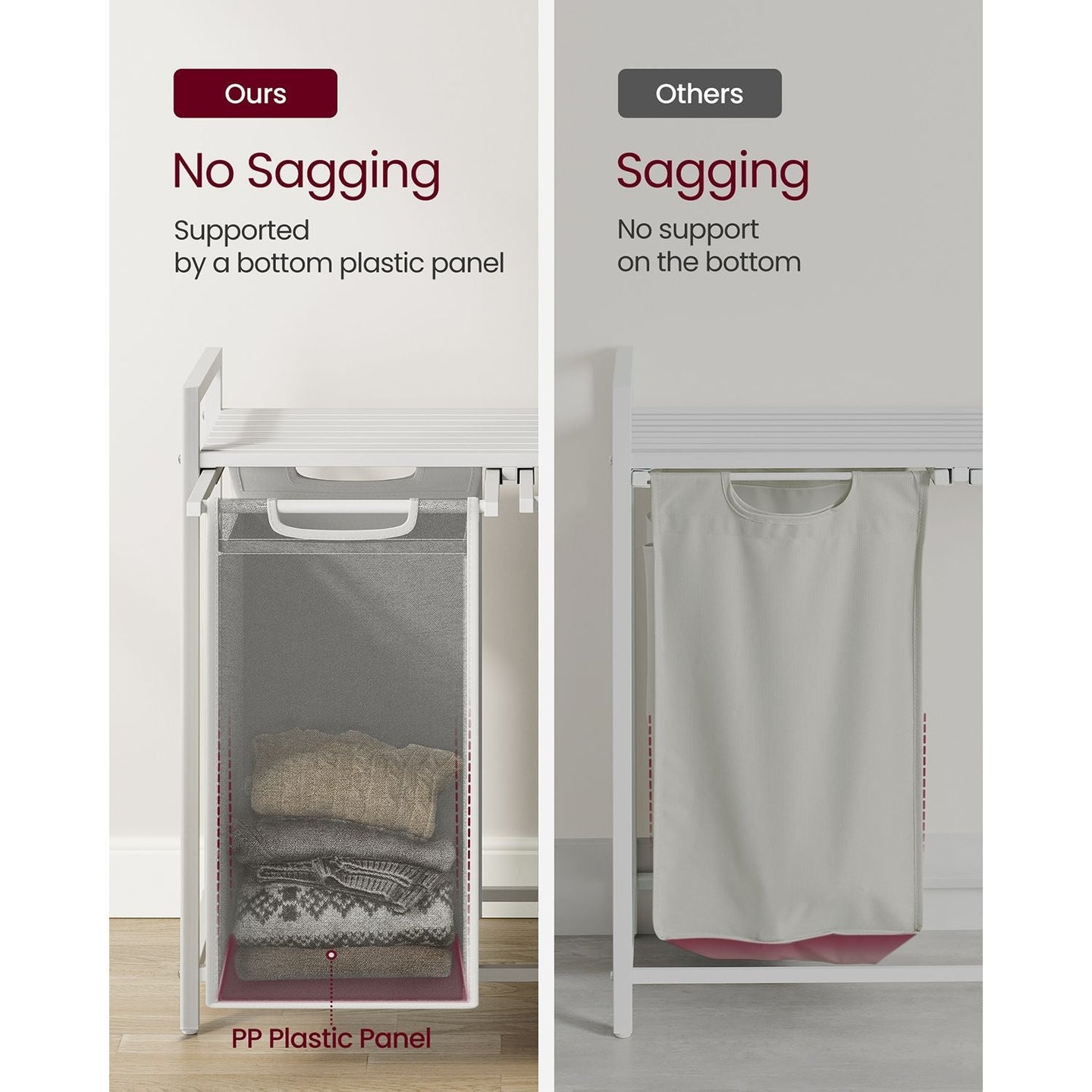 Laundry Basket - Metal Frame - White with Rustic Brown Accents - Includes Shelf and Removable Bags