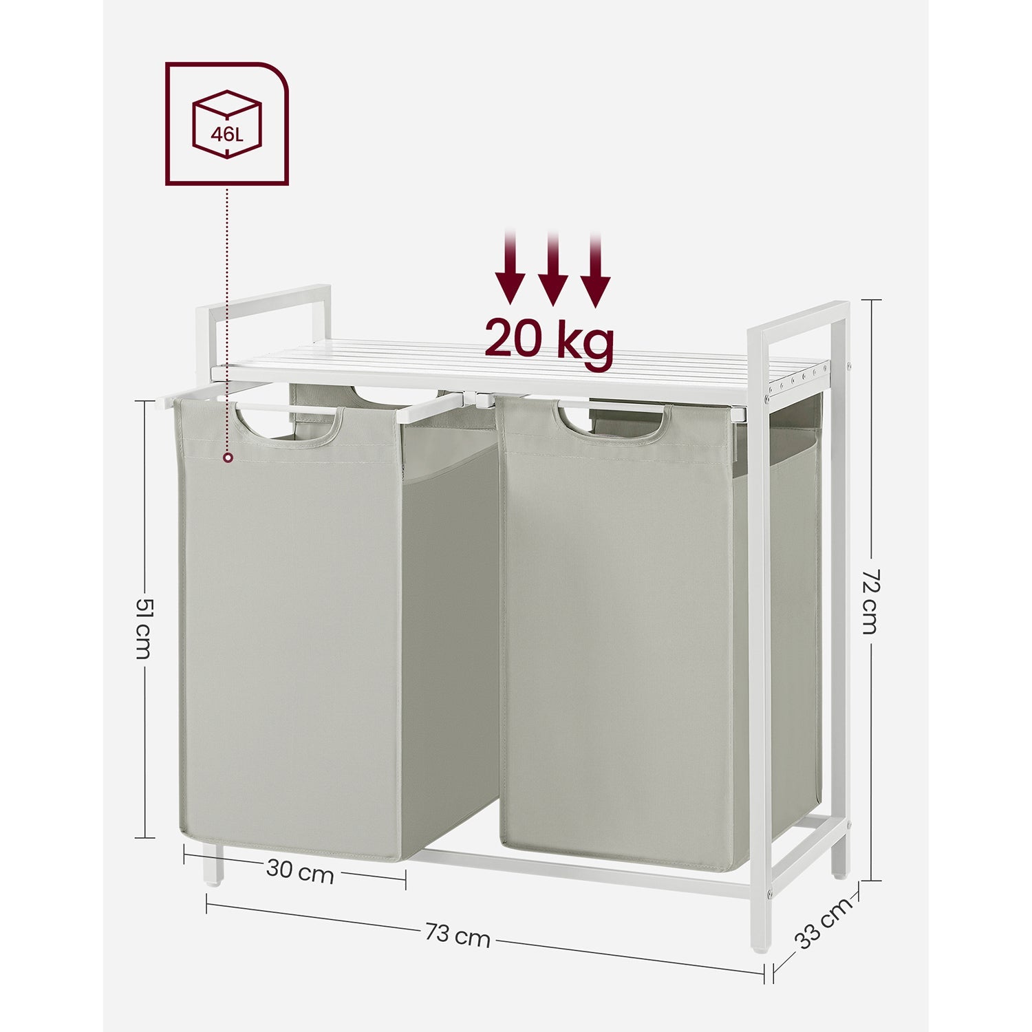 Laundry Basket - Metal Frame - White with Rustic Brown Accents - Includes Shelf and Removable Bags