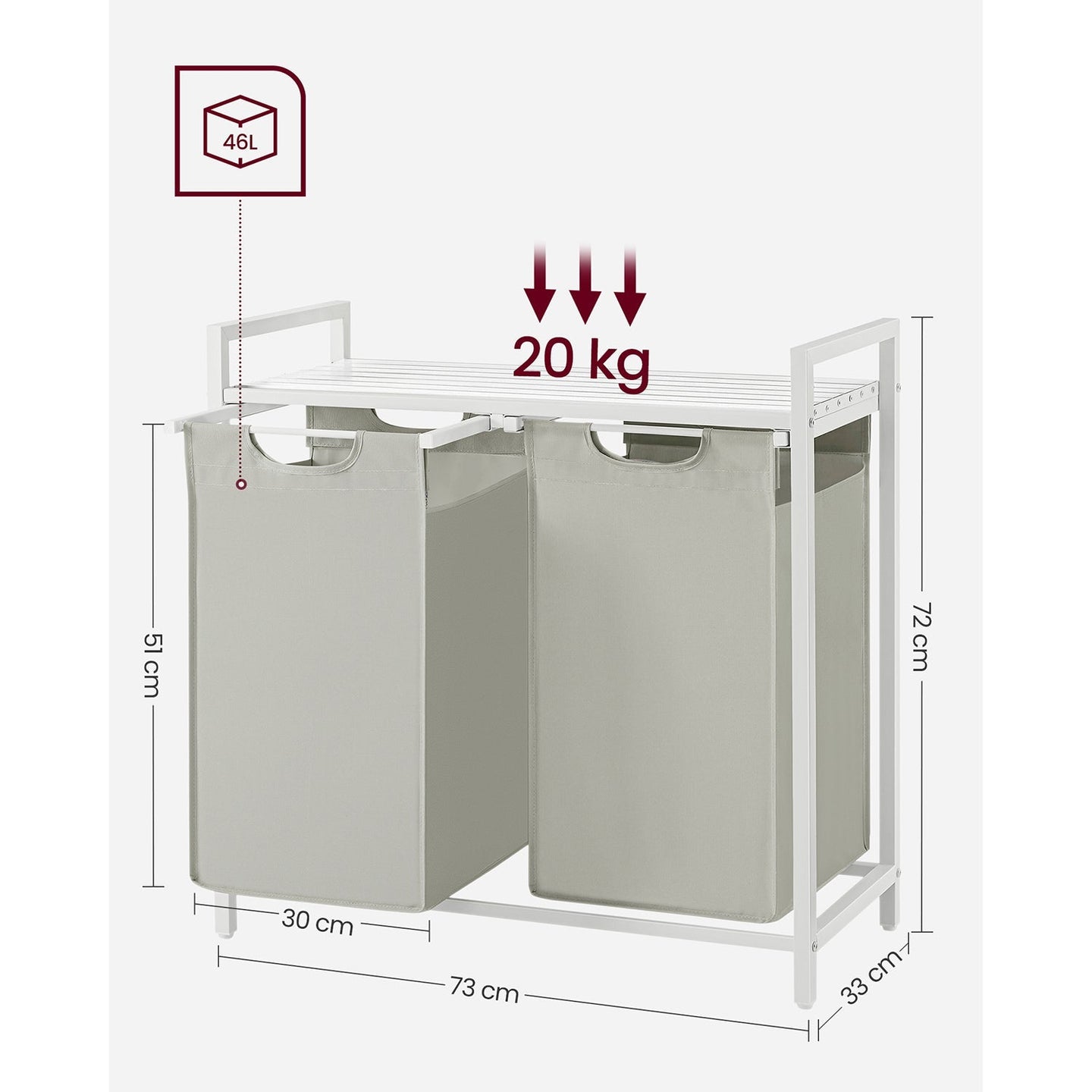 Laundry Basket - Metal Frame - White with Rustic Brown Accents - Includes Shelf and Removable Bags