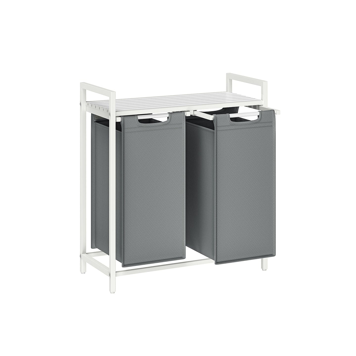 Laundry Hamper - Metal Frame - White and Rustic Brown - 2-Compartment with Shelf and Removable Bags