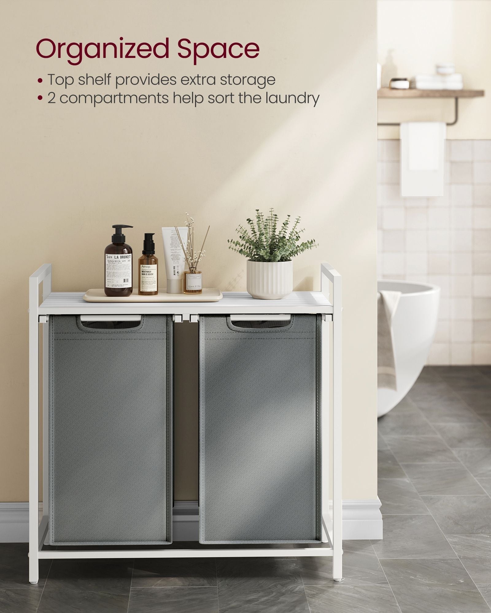 Laundry Hamper - Metal Frame - White and Rustic Brown - 2-Compartment with Shelf and Removable Bags