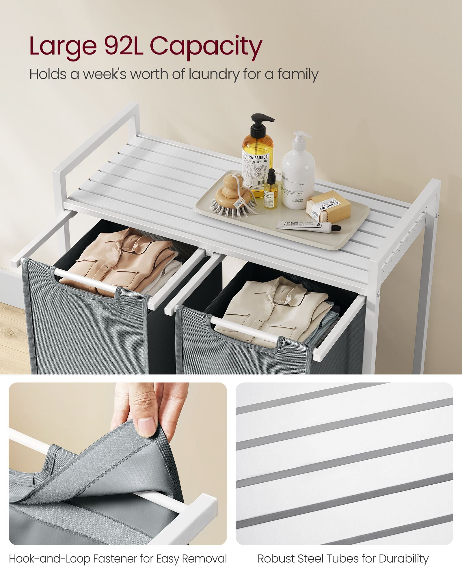 Laundry Hamper - Metal Frame - White and Rustic Brown - 2-Compartment with Shelf and Removable Bags