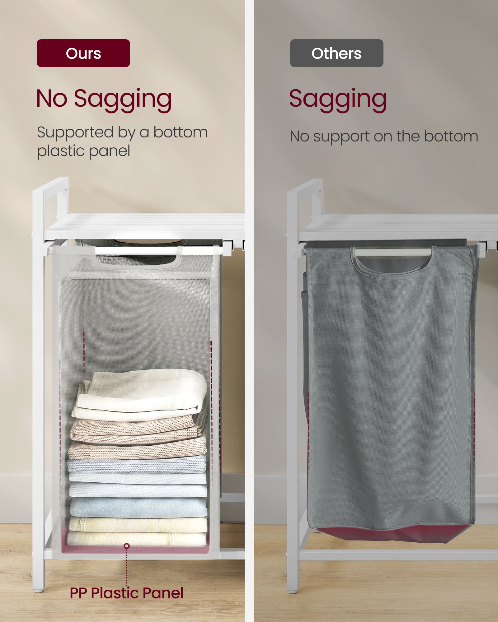 Laundry Hamper - Metal Frame - White and Rustic Brown - 2-Compartment with Shelf and Removable Bags