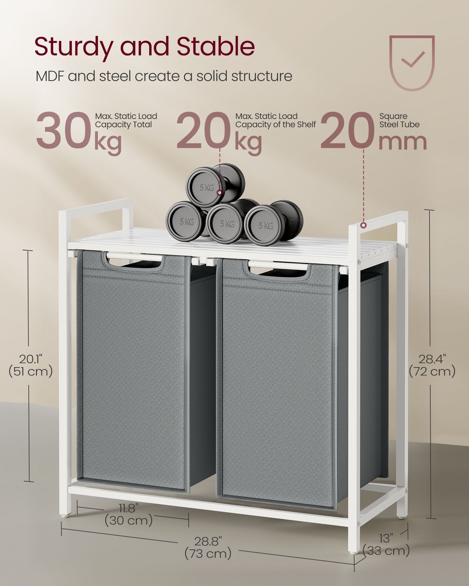 Laundry Hamper - Metal Frame - White and Rustic Brown - 2-Compartment with Shelf and Removable Bags