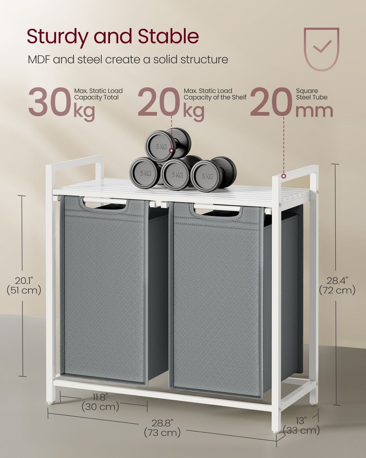 Laundry Hamper - Metal Frame - White and Rustic Brown - 2-Compartment with Shelf and Removable Bags