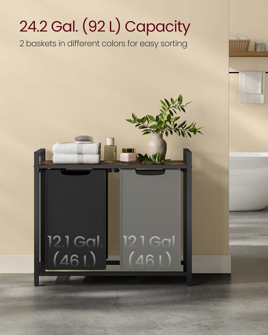 Laundry Hamper - Metal Frame - Ink Black - 2-Compartment with Shelf and Removable Bags