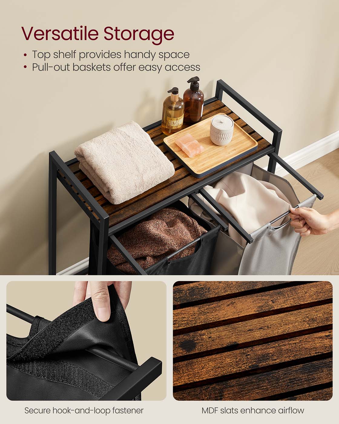 Laundry Hamper - Metal Frame - Ink Black - 2-Compartment with Shelf and Removable Bags