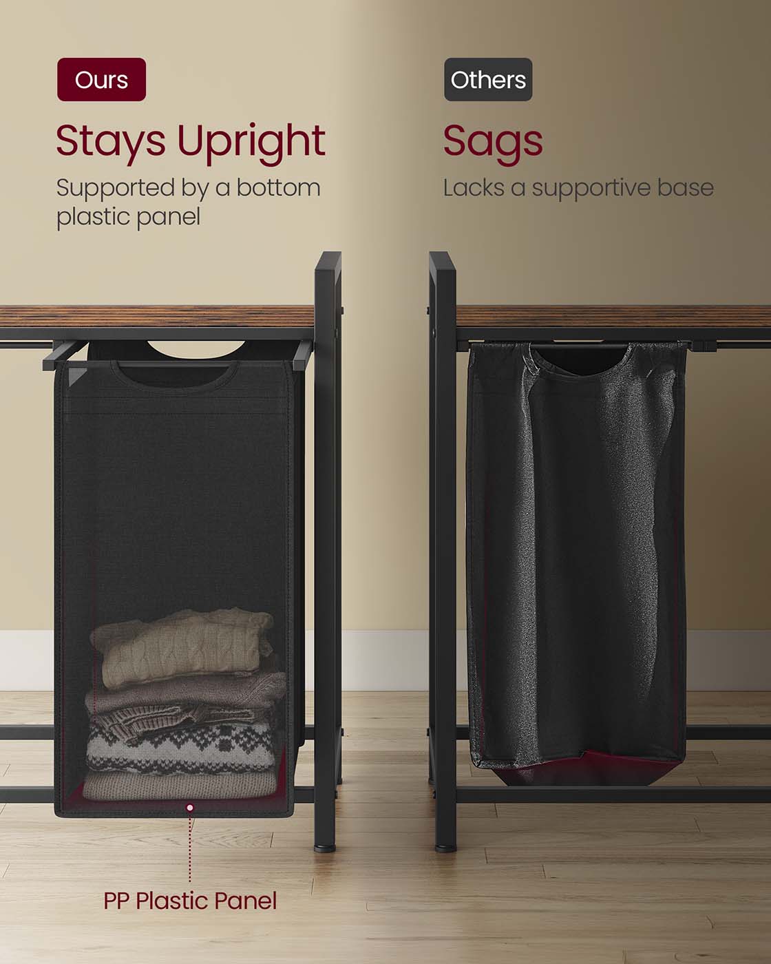 Laundry Hamper - Metal Frame - Ink Black - 2-Compartment with Shelf and Removable Bags
