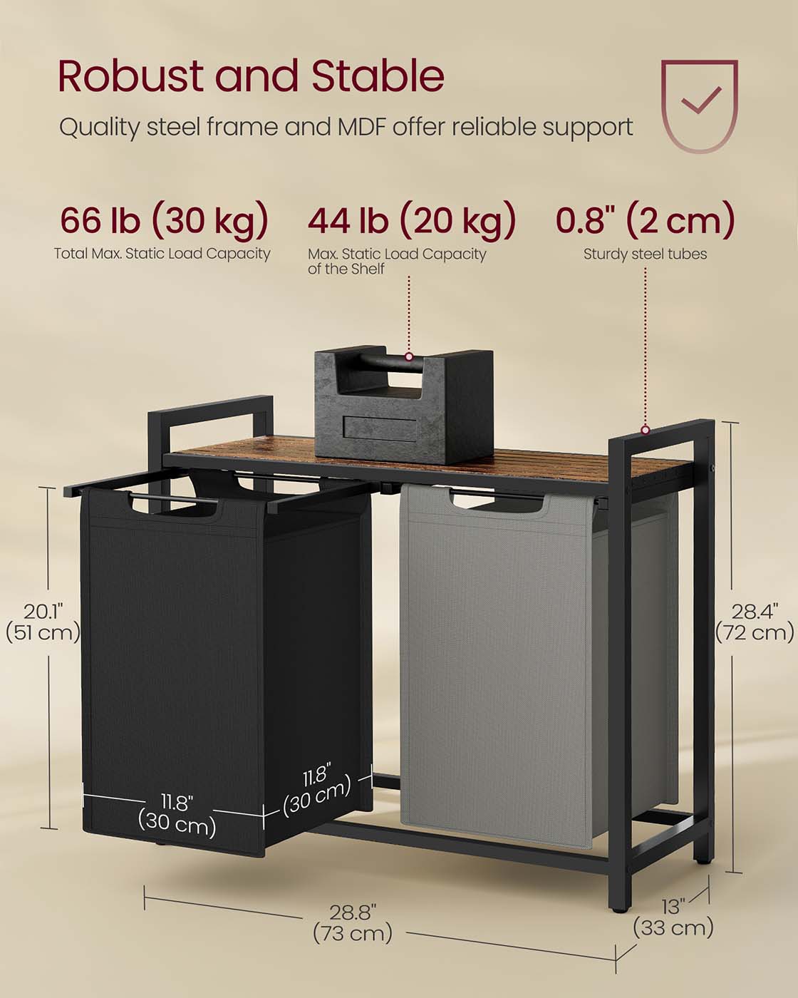 Laundry Hamper - Metal Frame - Ink Black - 2-Compartment with Shelf and Removable Bags