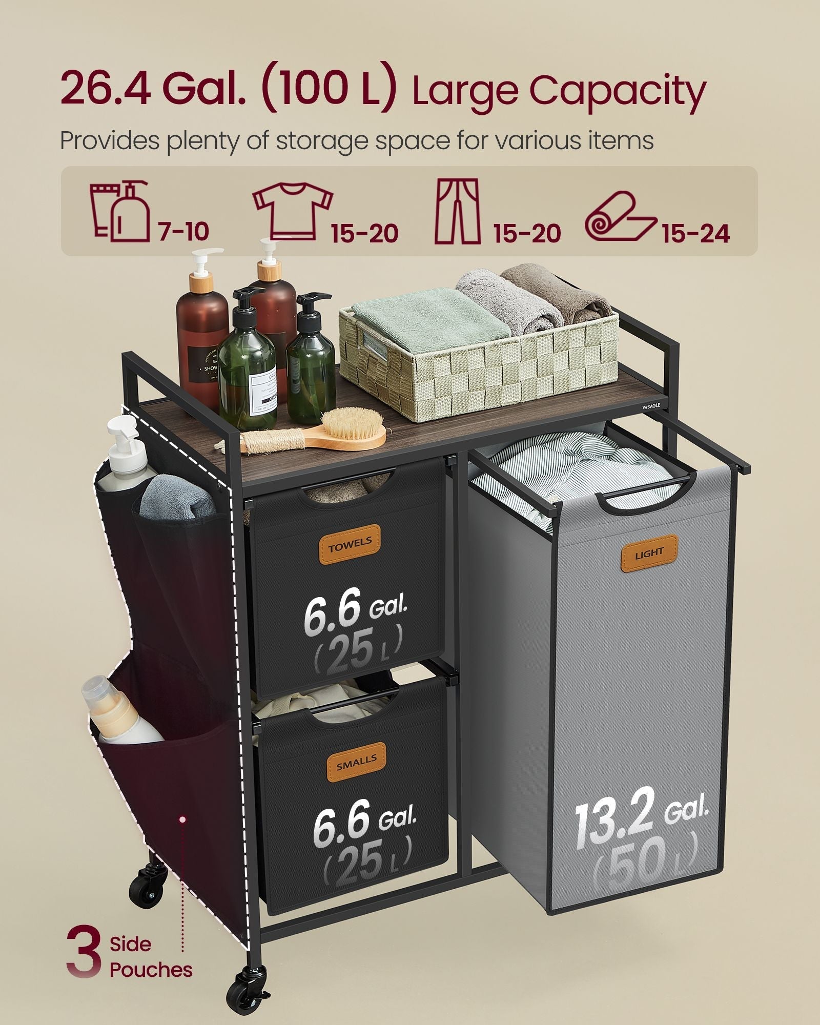 Laundry Hamper - Wood - Chestnut Brown - 100L with 3 Compartments and Rolling Design