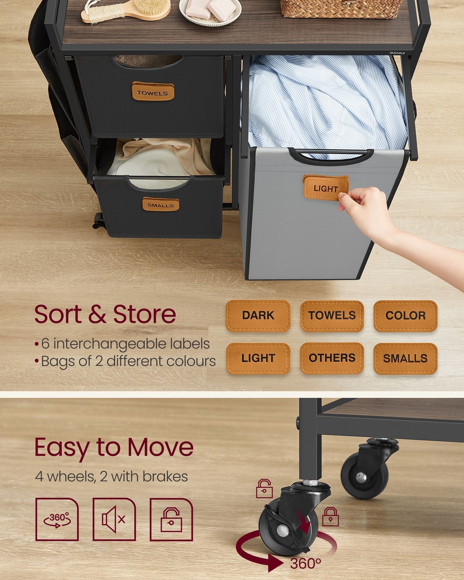 Laundry Hamper - Wood - Chestnut Brown - 100L with 3 Compartments and Rolling Design