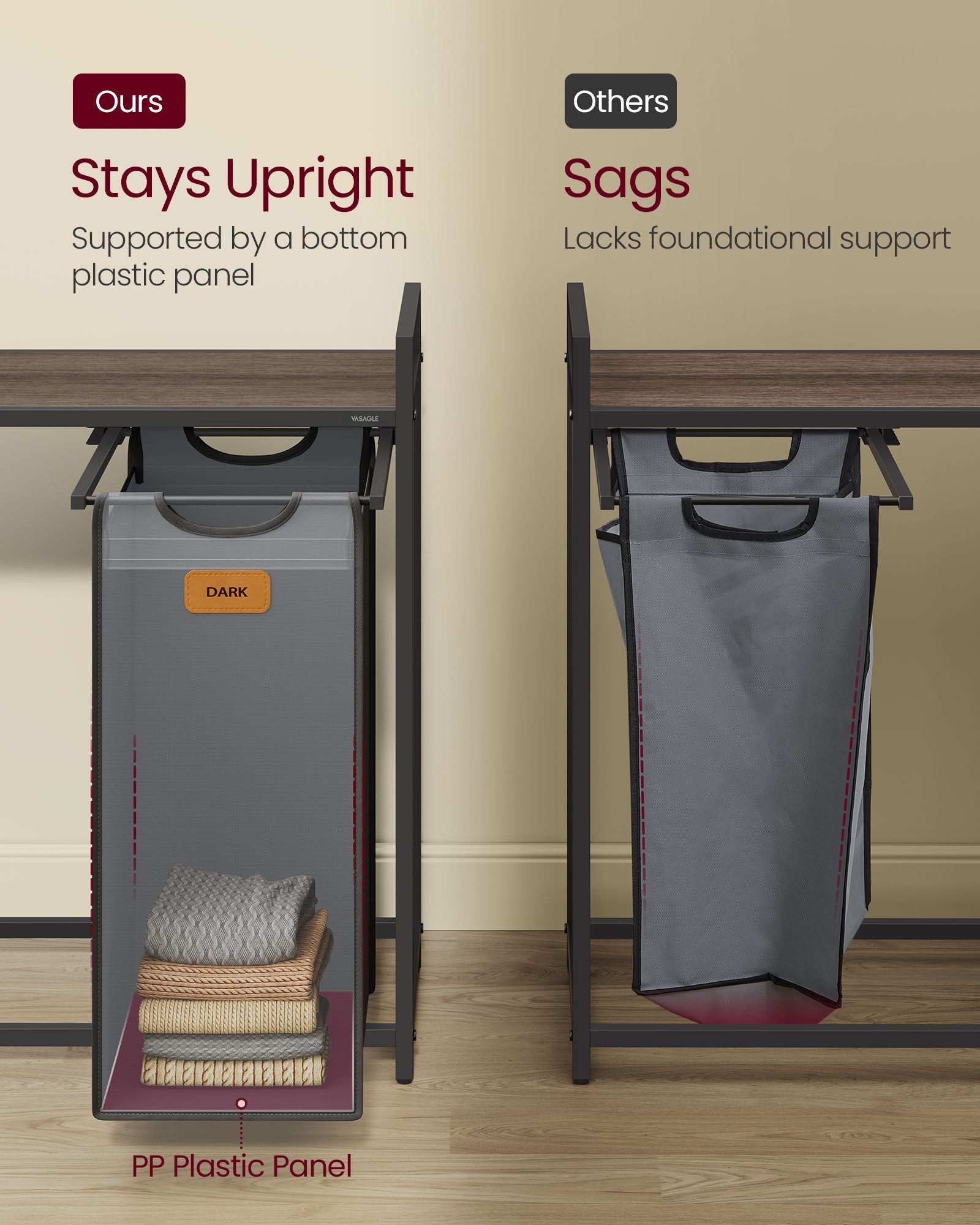 Laundry Hamper - Wood - Chestnut Brown - 100L with 3 Compartments and Rolling Design