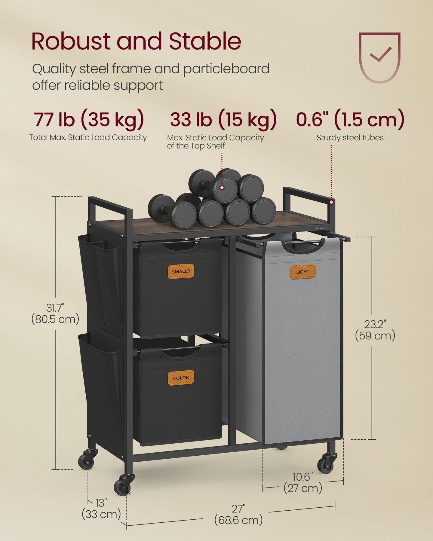 Laundry Hamper - Wood - Chestnut Brown - 100L with 3 Compartments and Rolling Design