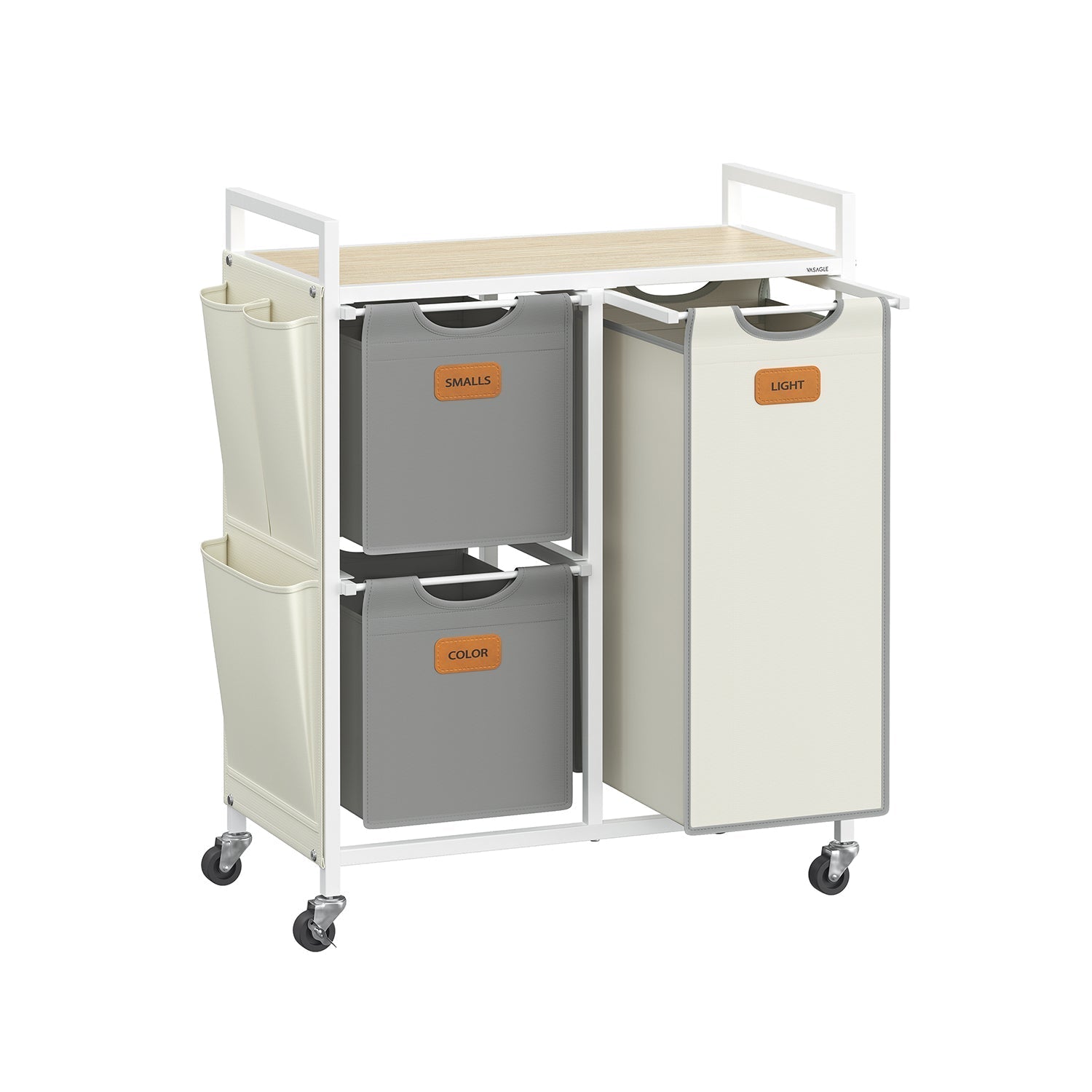 Laundry Hamper - Fabric - Natural Beige - 100 L with 3 Compartments and Rolling Cart