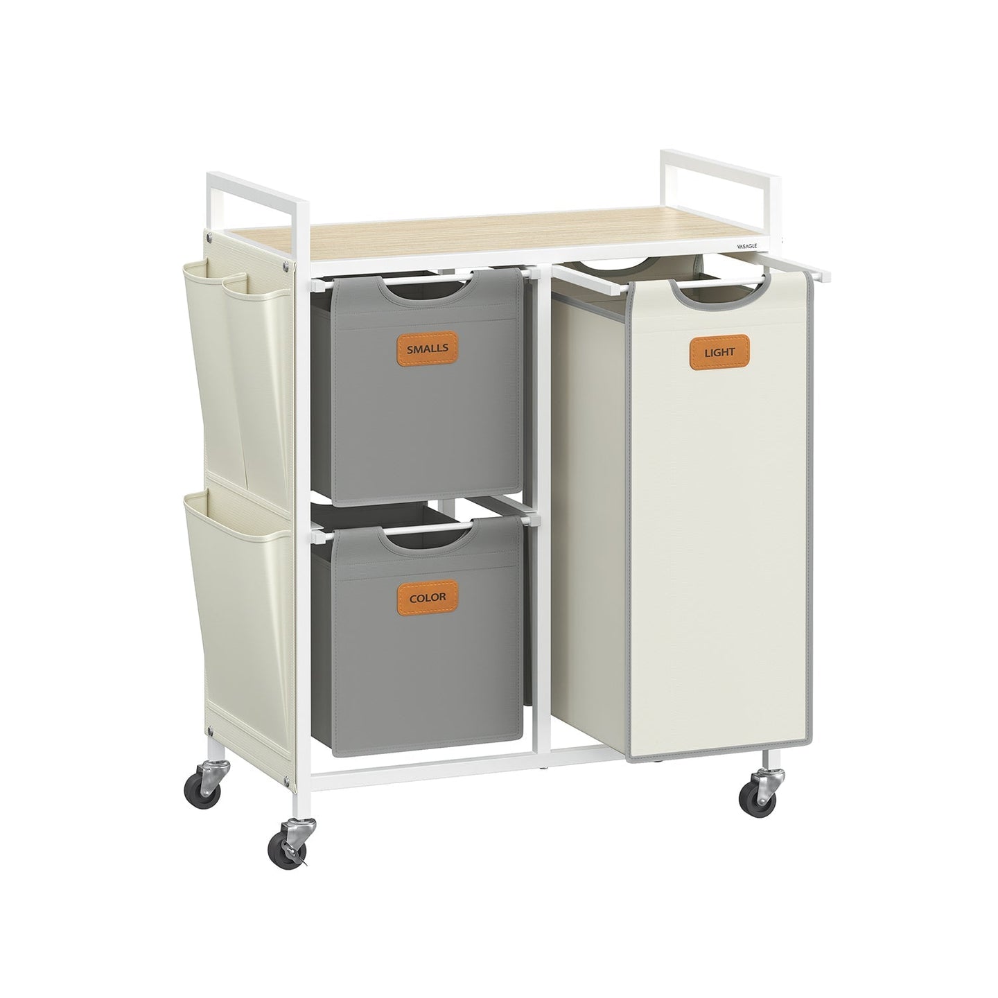 Laundry Hamper - Fabric - Natural Beige - 100 L with 3 Compartments and Rolling Cart