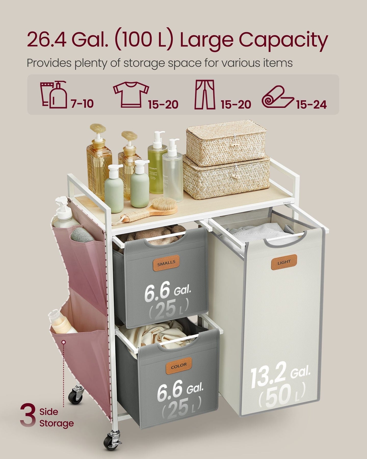 Laundry Hamper - Fabric - Natural Beige - 100 L with 3 Compartments and Rolling Cart