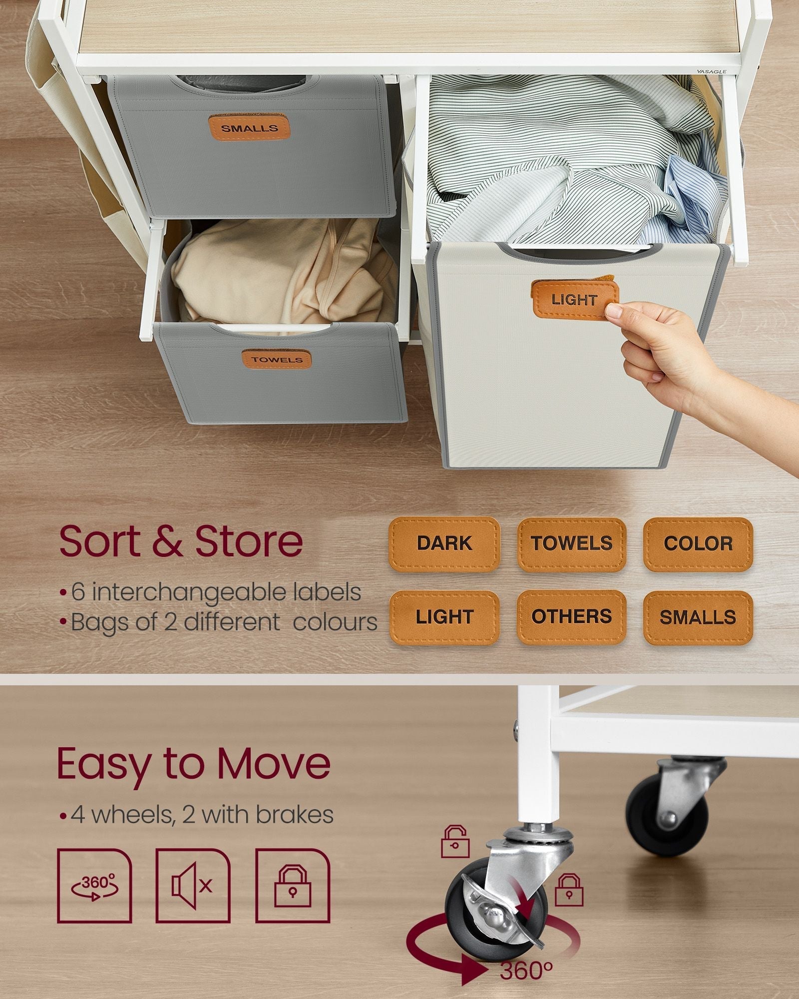 Laundry Hamper - Fabric - Natural Beige - 100 L with 3 Compartments and Rolling Cart