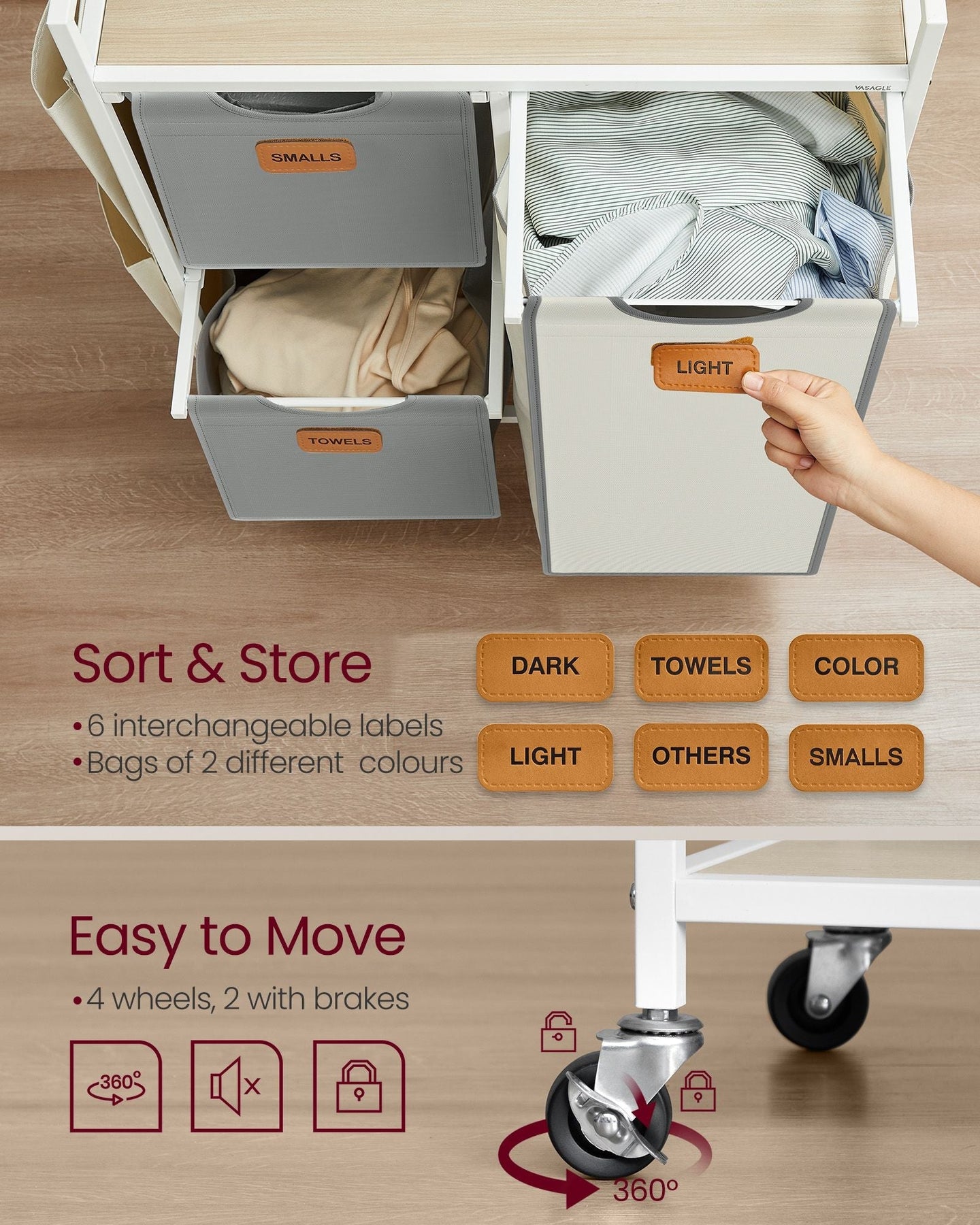 Laundry Hamper - Fabric - Natural Beige - 100 L with 3 Compartments and Rolling Cart