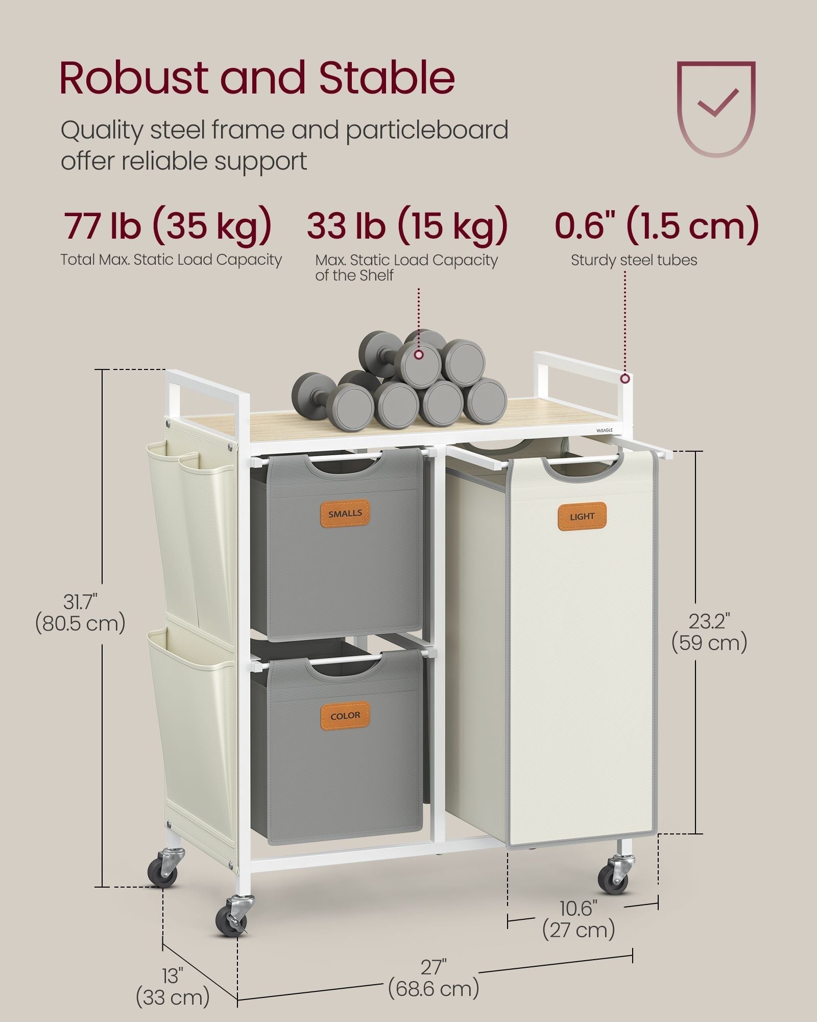 Laundry Hamper - Fabric - Natural Beige - 100 L with 3 Compartments and Rolling Cart