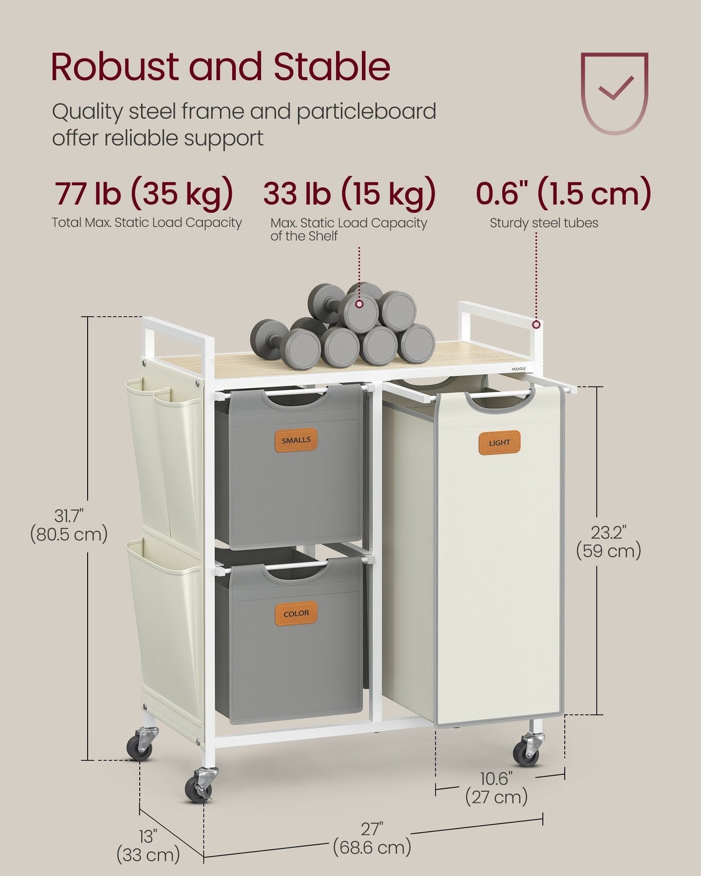 Laundry Hamper - Fabric - Natural Beige - 100 L with 3 Compartments and Rolling Cart