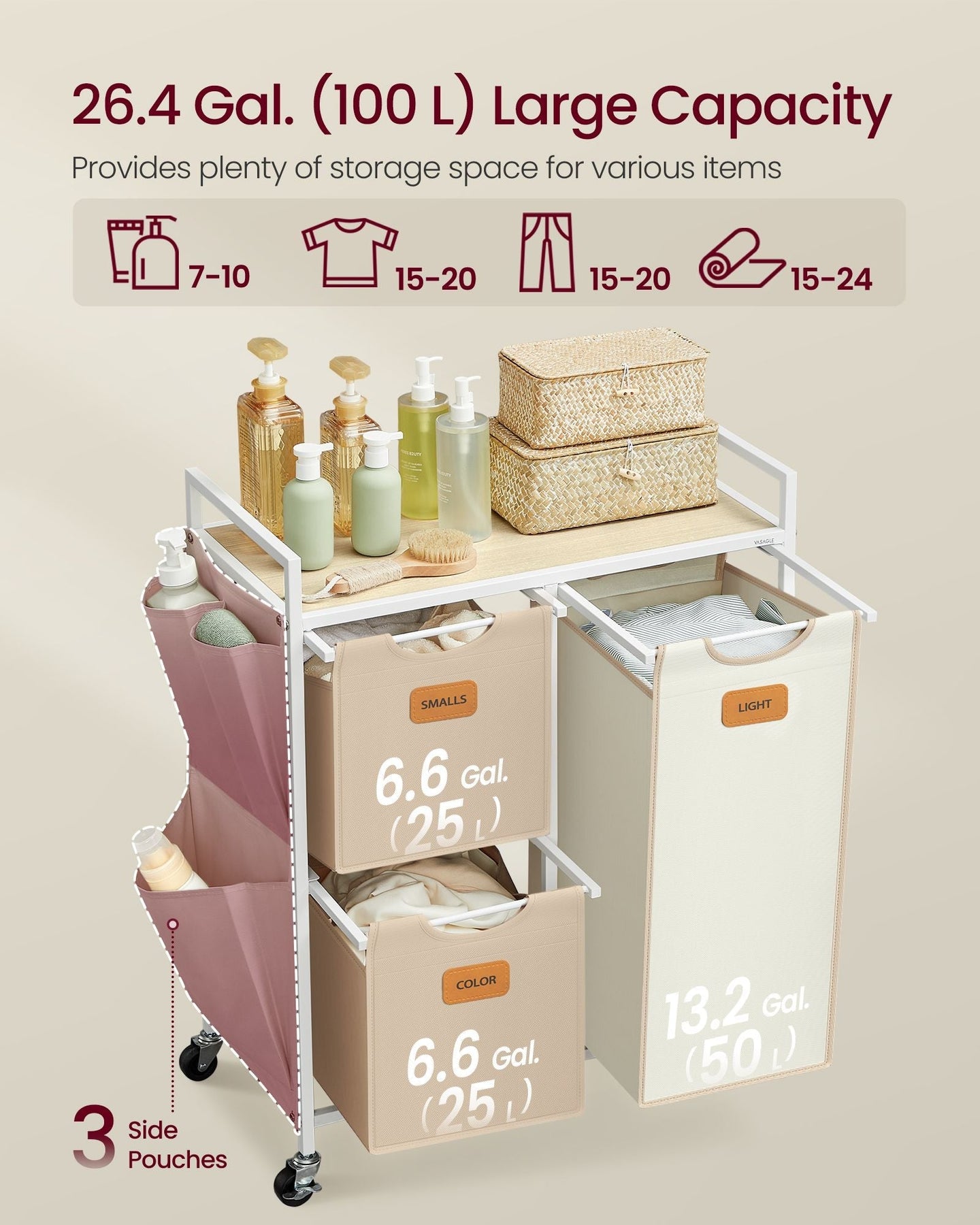 Laundry Hamper - Fabric - Natural Beige - 3 Compartments