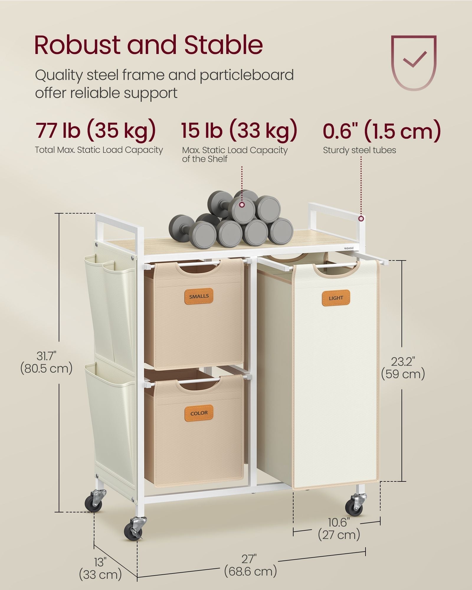 Laundry Hamper - Fabric - Natural Beige - 3 Compartments
