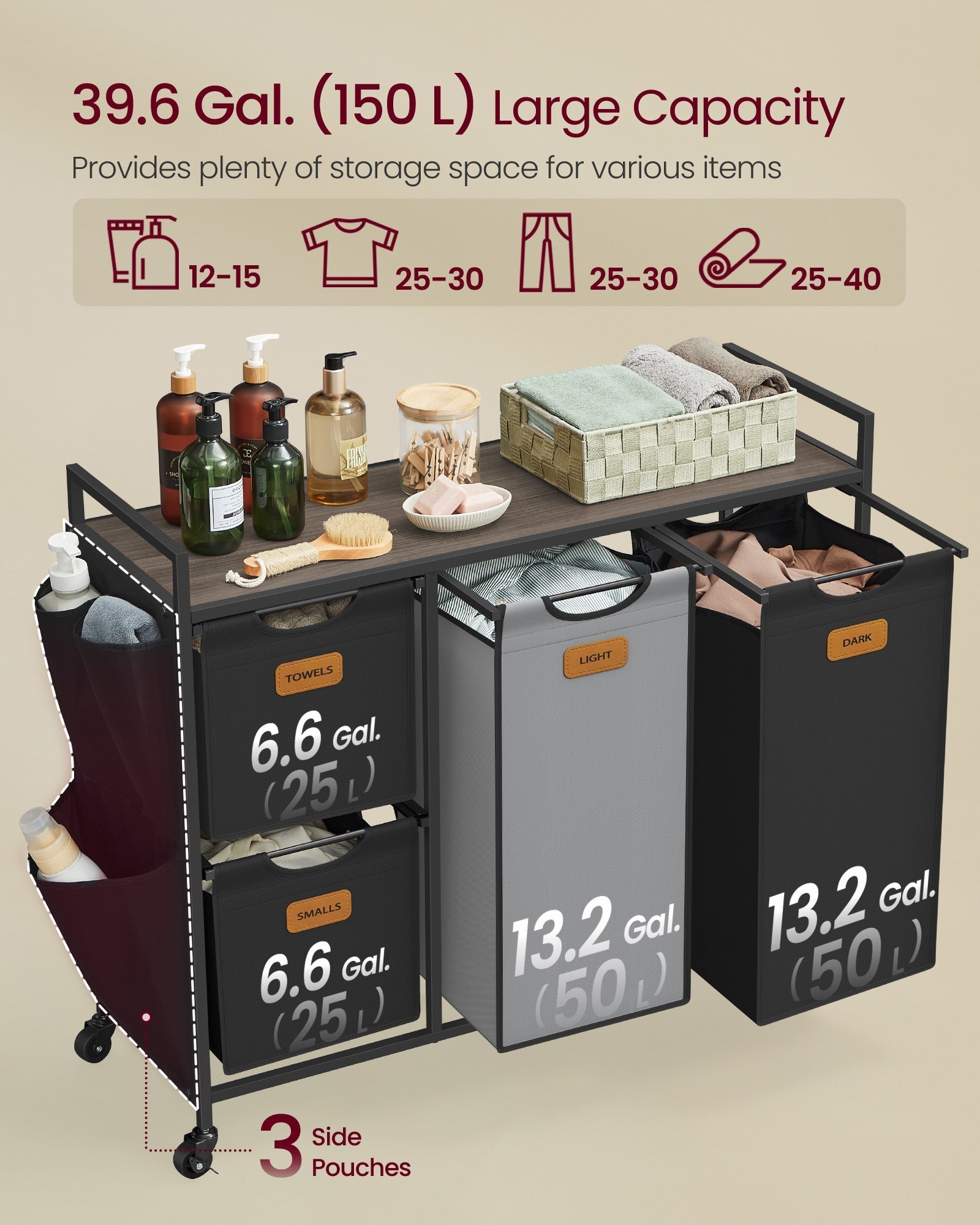 Laundry Hamper - Fabric - Chestnut Brown - 4 Compartments