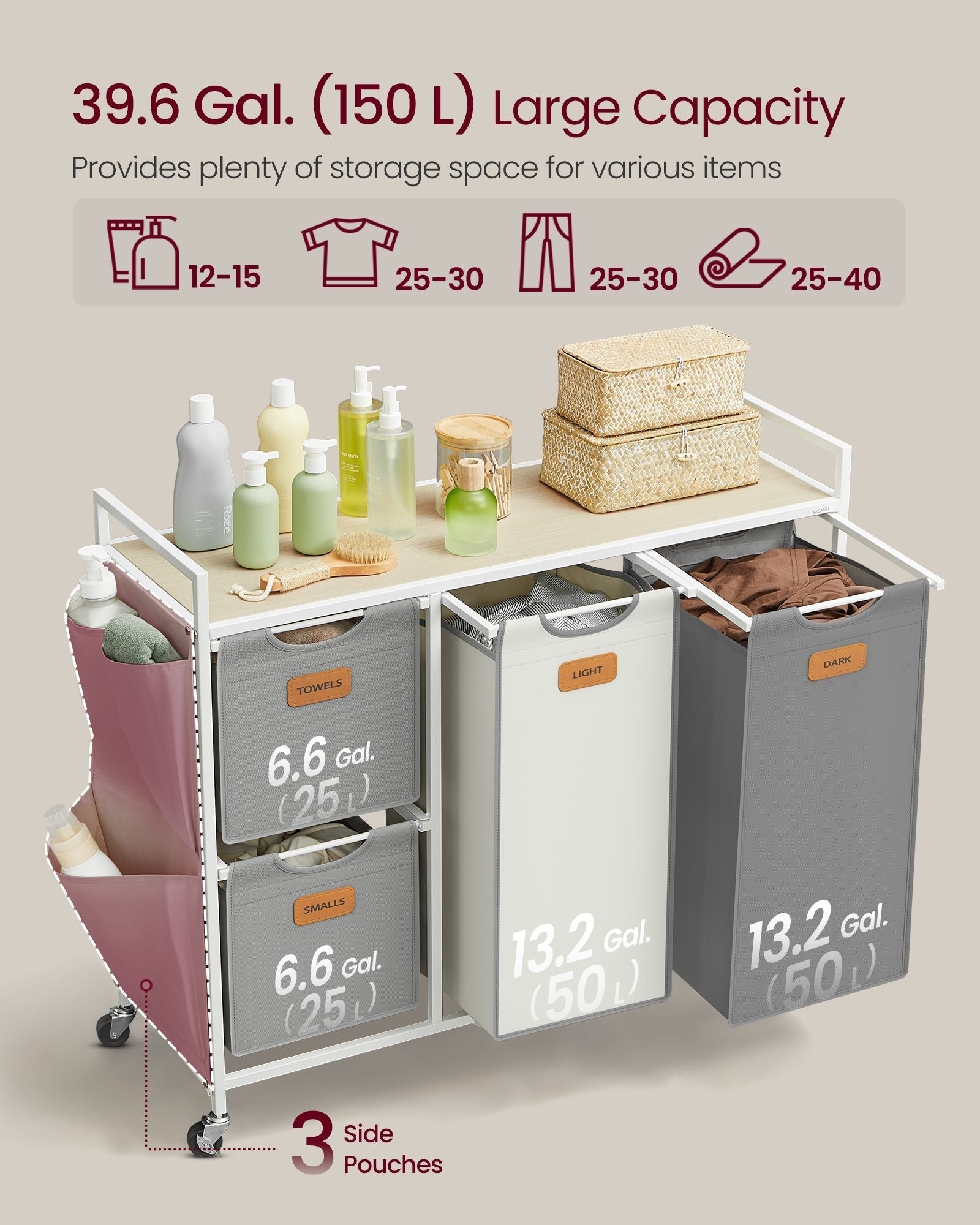 Laundry Hamper - Fabric - Dove Grey - 4 Compartments