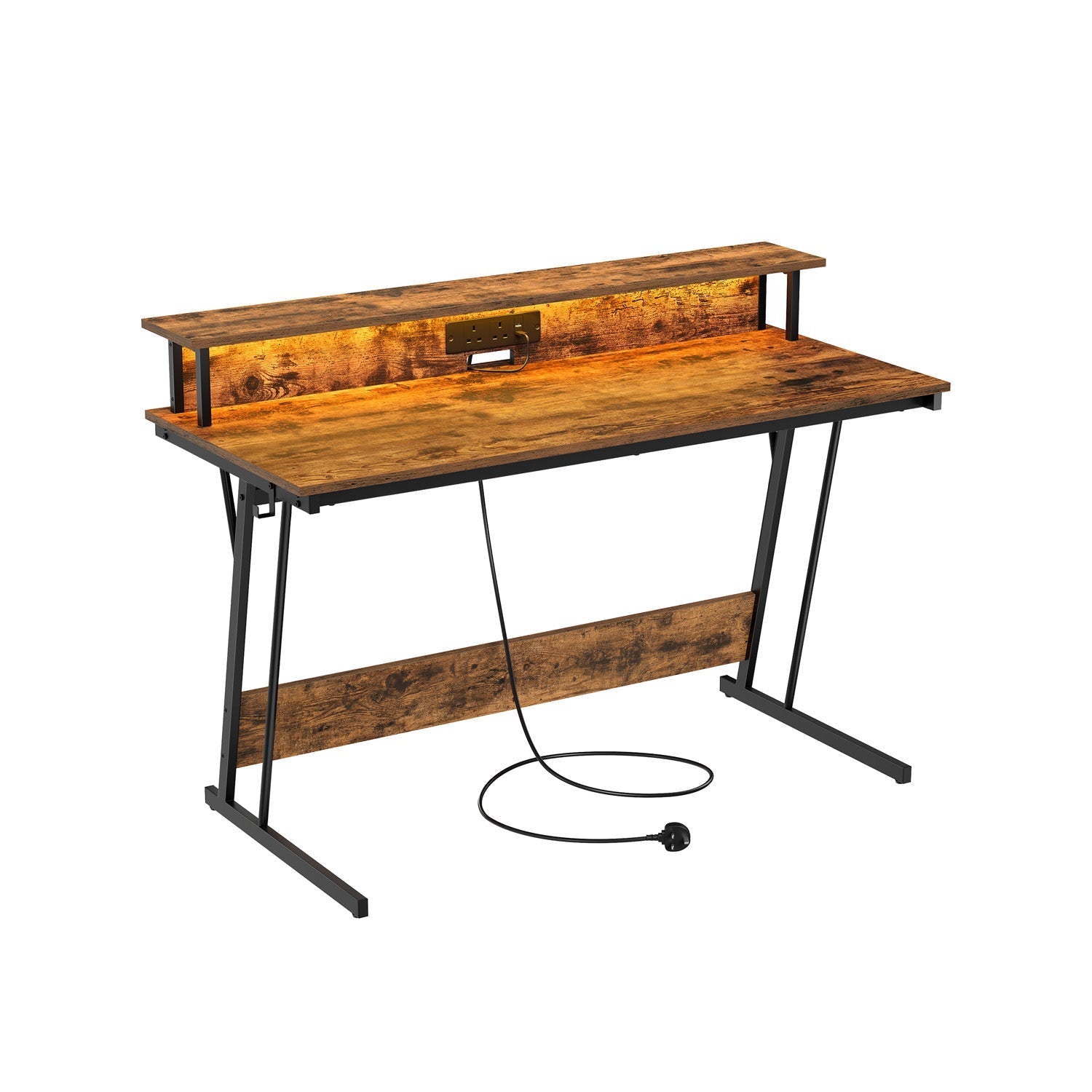 Gaming Desk - MDF - Black - LED Lighting and Built-In Power Outlets