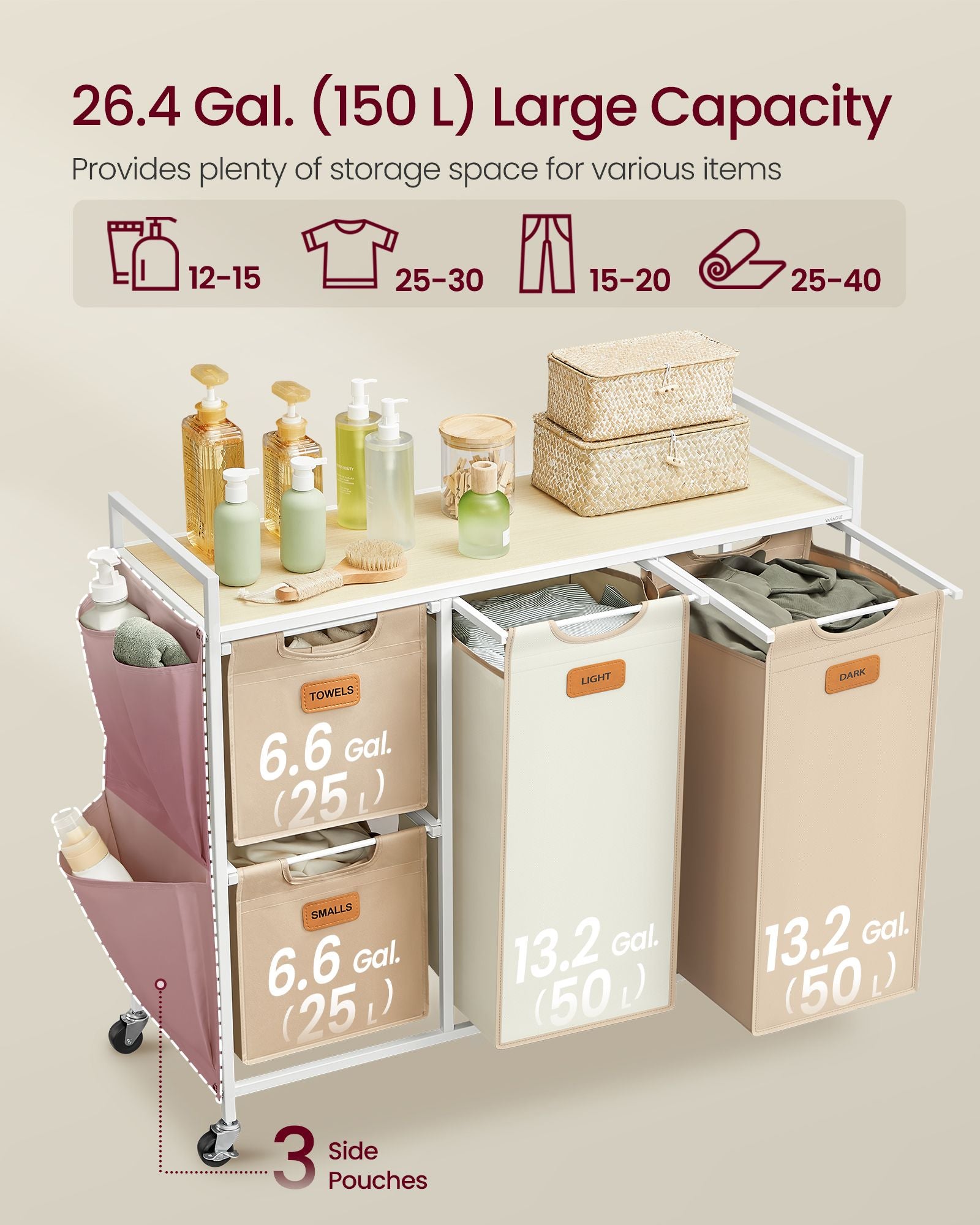 4-Bag Laundry Hamper - Fabric - Natural Beige - Rolling Cart with Removable Liners and Labels