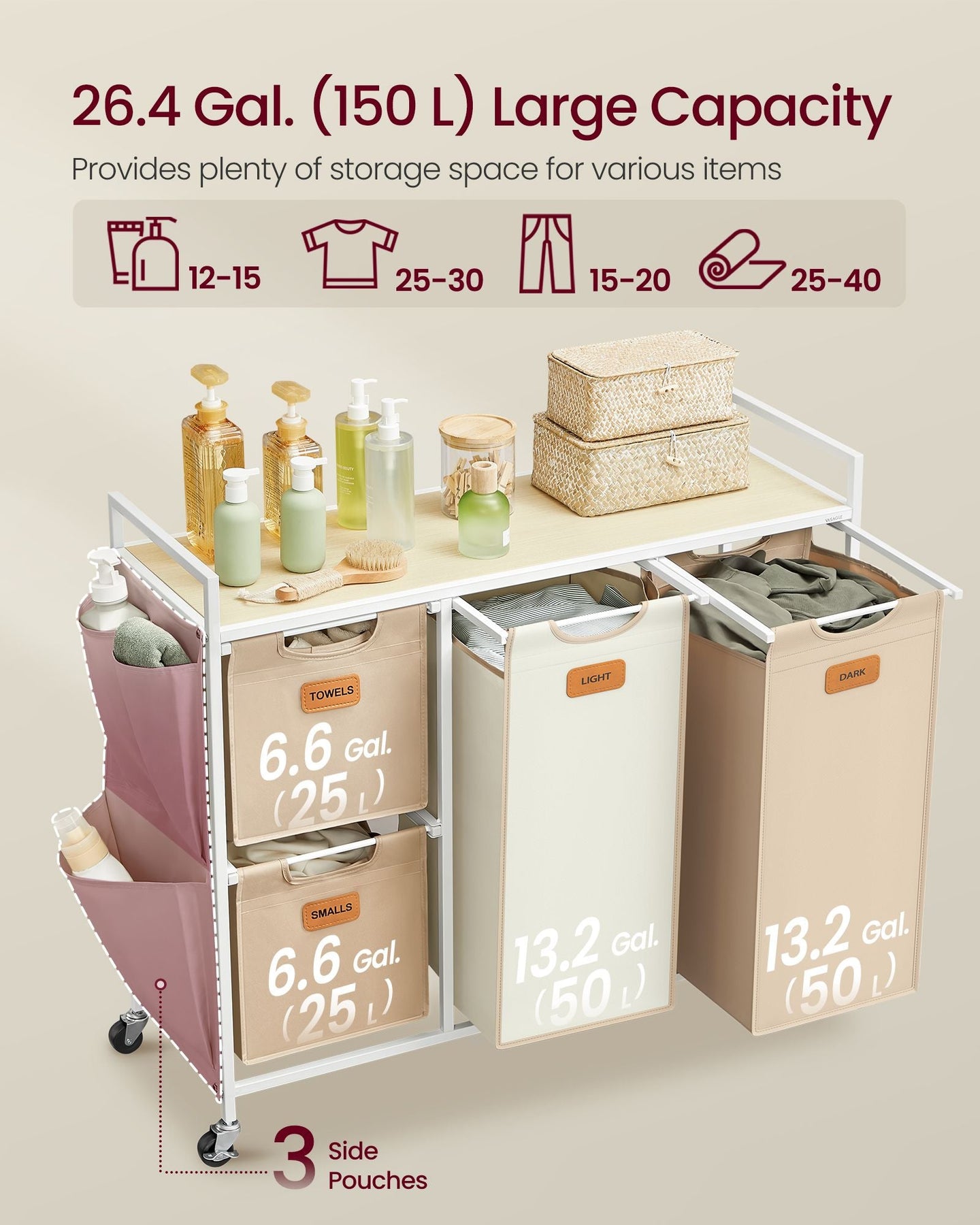 4-Bag Laundry Hamper - Fabric - Natural Beige - Rolling Cart with Removable Liners and Labels