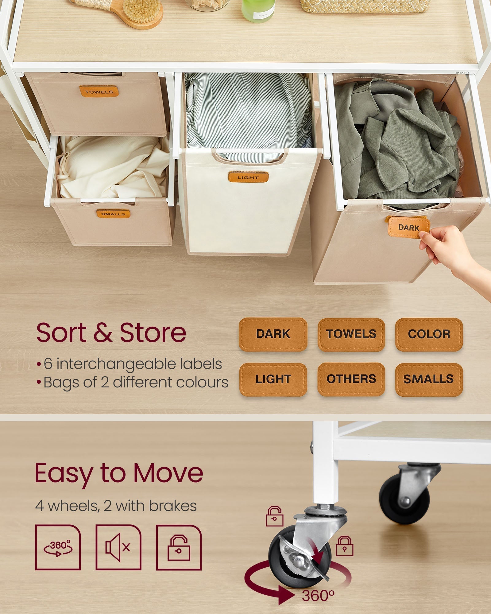 4-Bag Laundry Hamper - Fabric - Natural Beige - Rolling Cart with Removable Liners and Labels