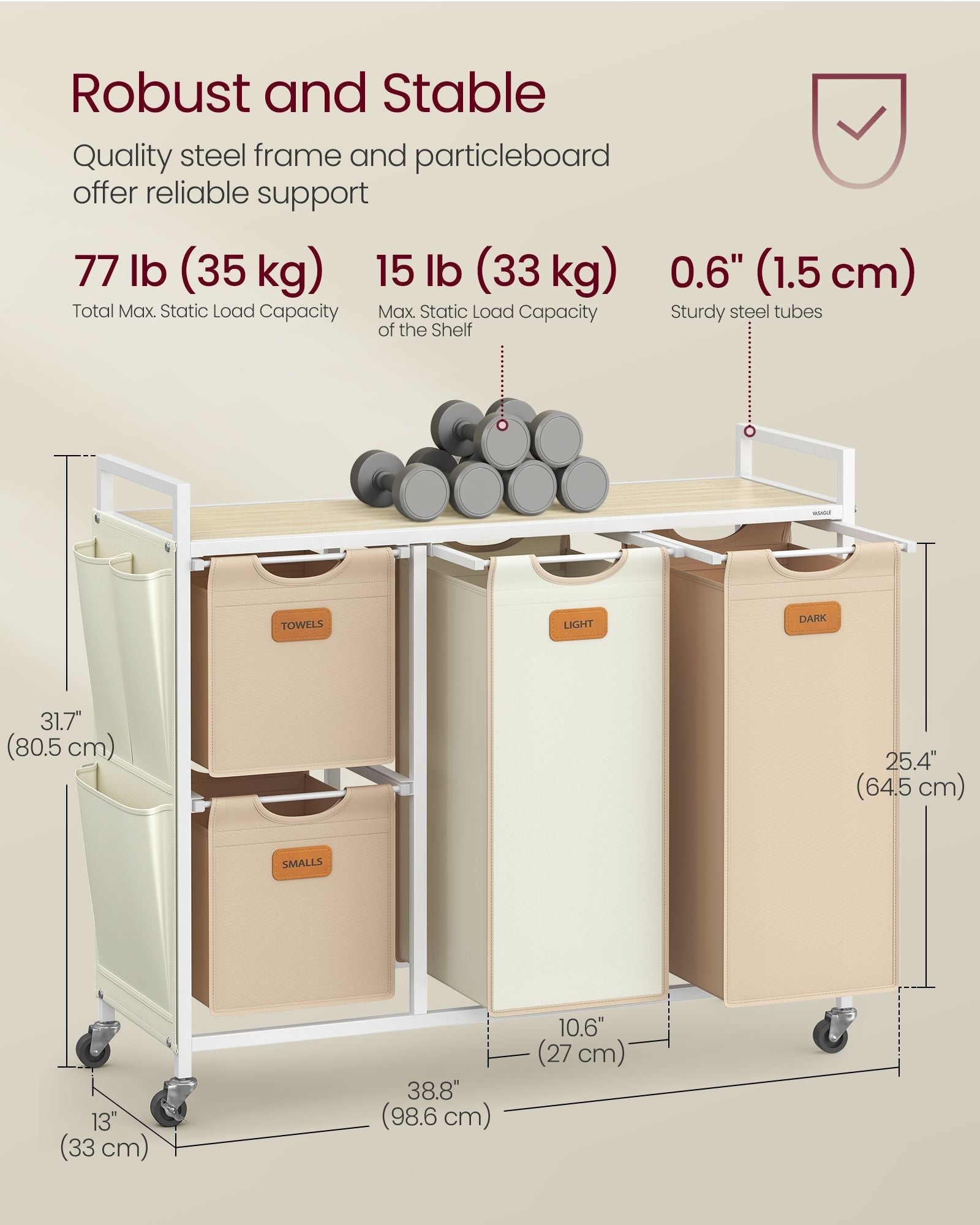 4-Bag Laundry Hamper - Fabric - Natural Beige - Rolling Cart with Removable Liners and Labels