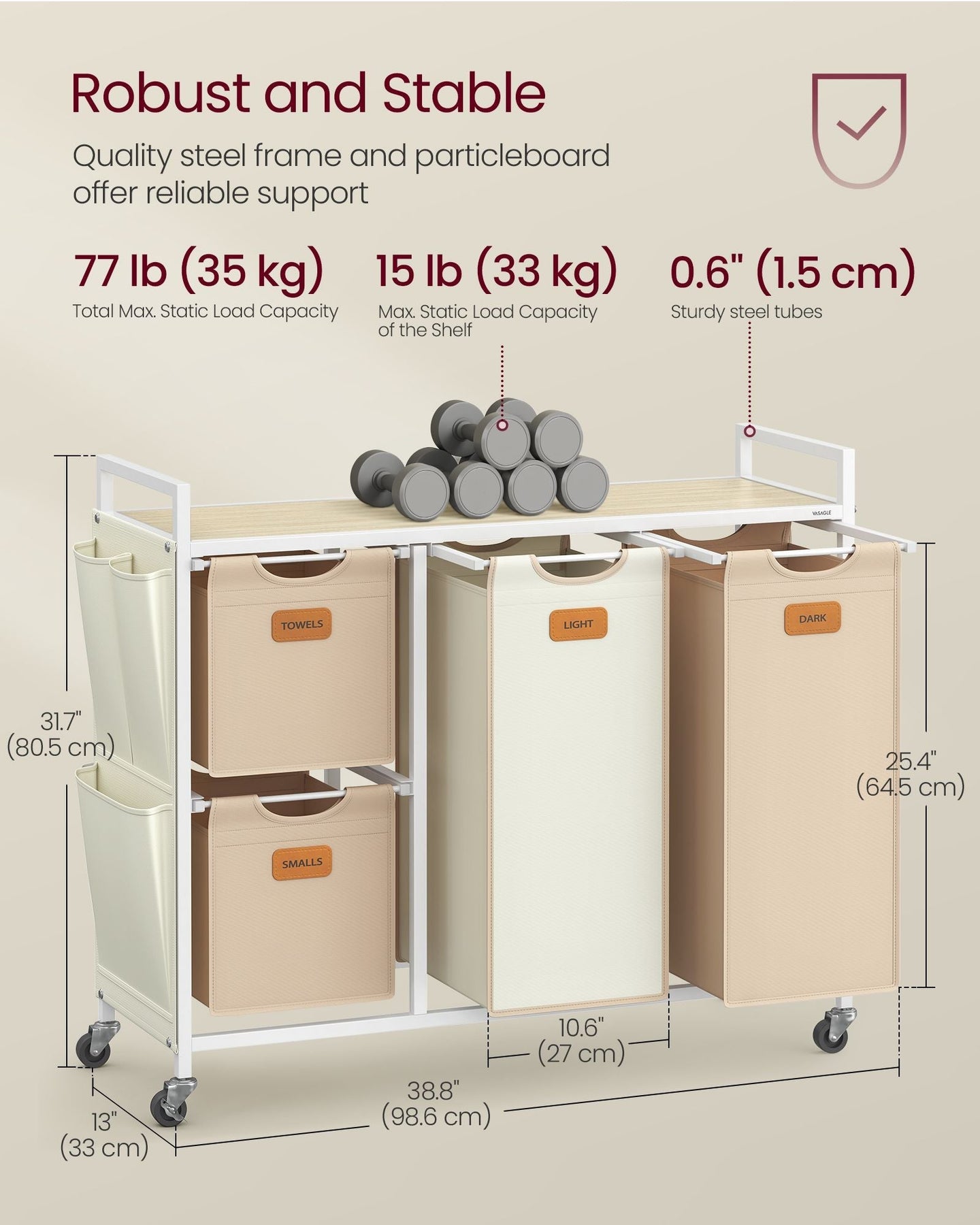 4-Bag Laundry Hamper - Fabric - Natural Beige - Rolling Cart with Removable Liners and Labels
