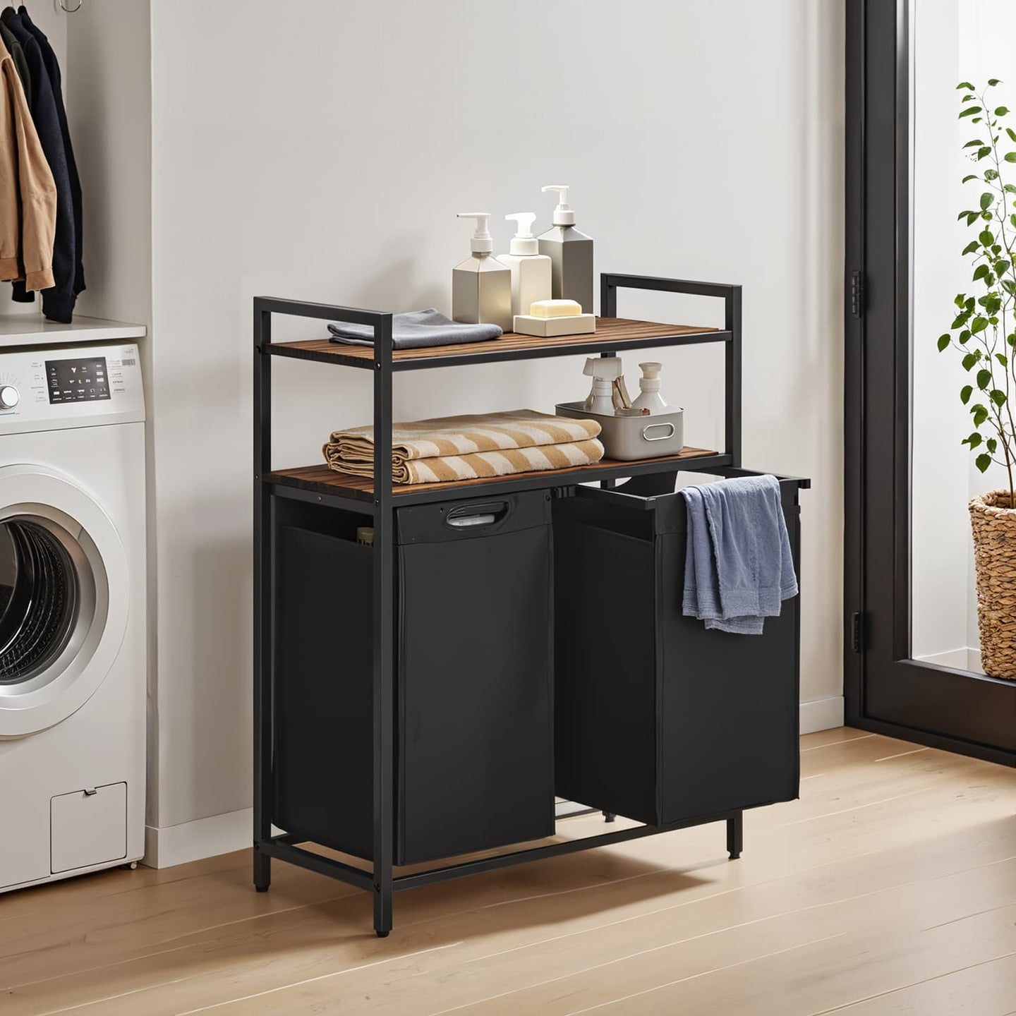 Laundry Hamper - Metal - Black and Grey - Dual Pull-Out Bags with Shelves