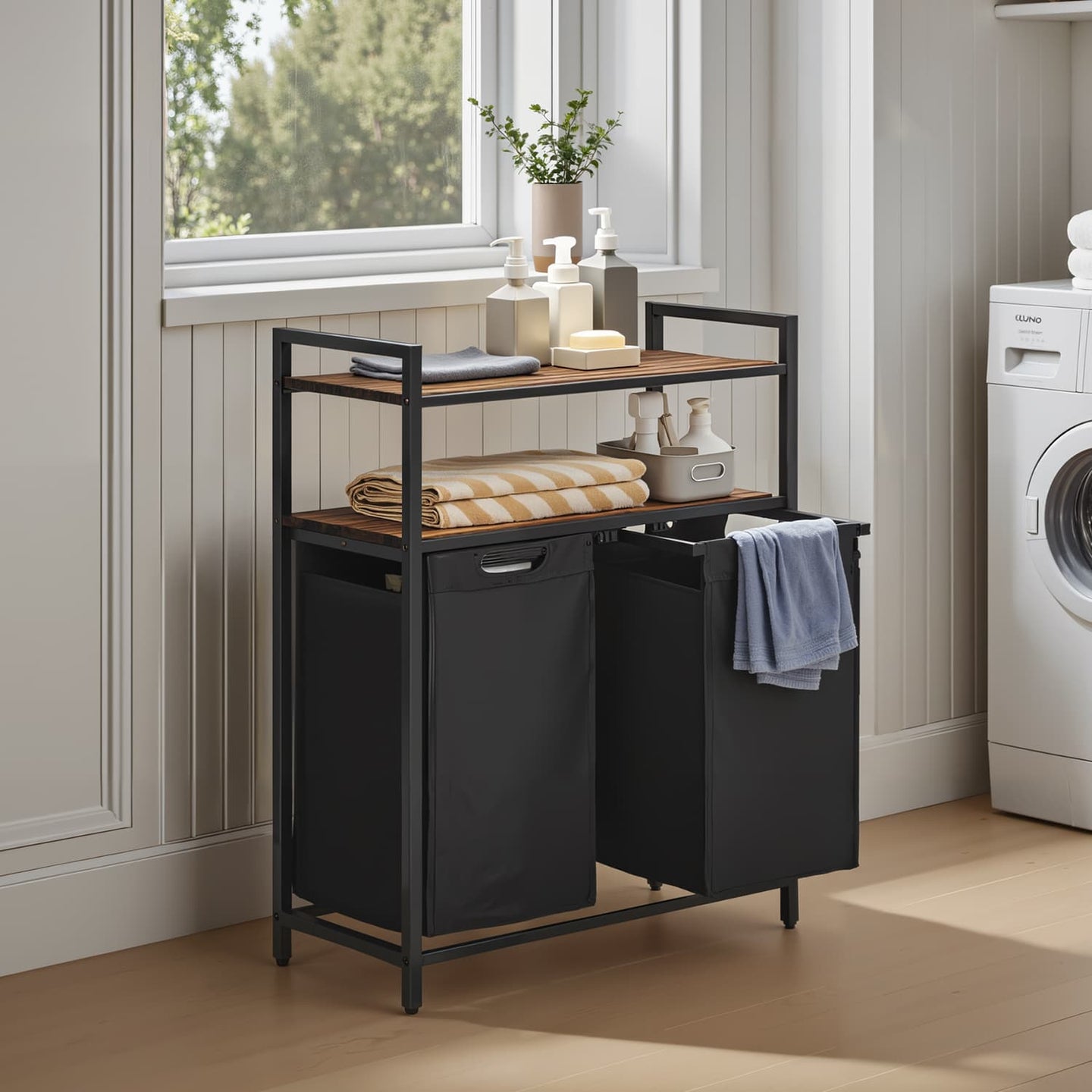 Laundry Hamper - Metal - Black and Grey - Dual Pull-Out Bags with Shelves