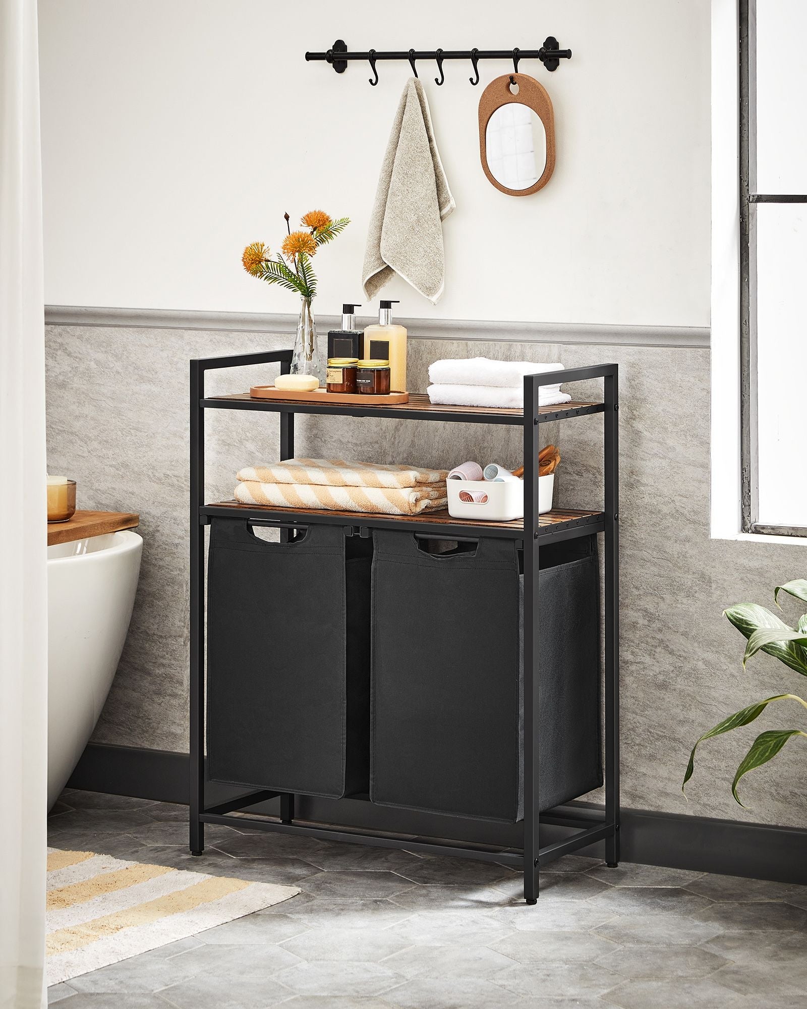 Laundry Basket - Wood - Rustic Brown - Dual Removable Bags with Shelves