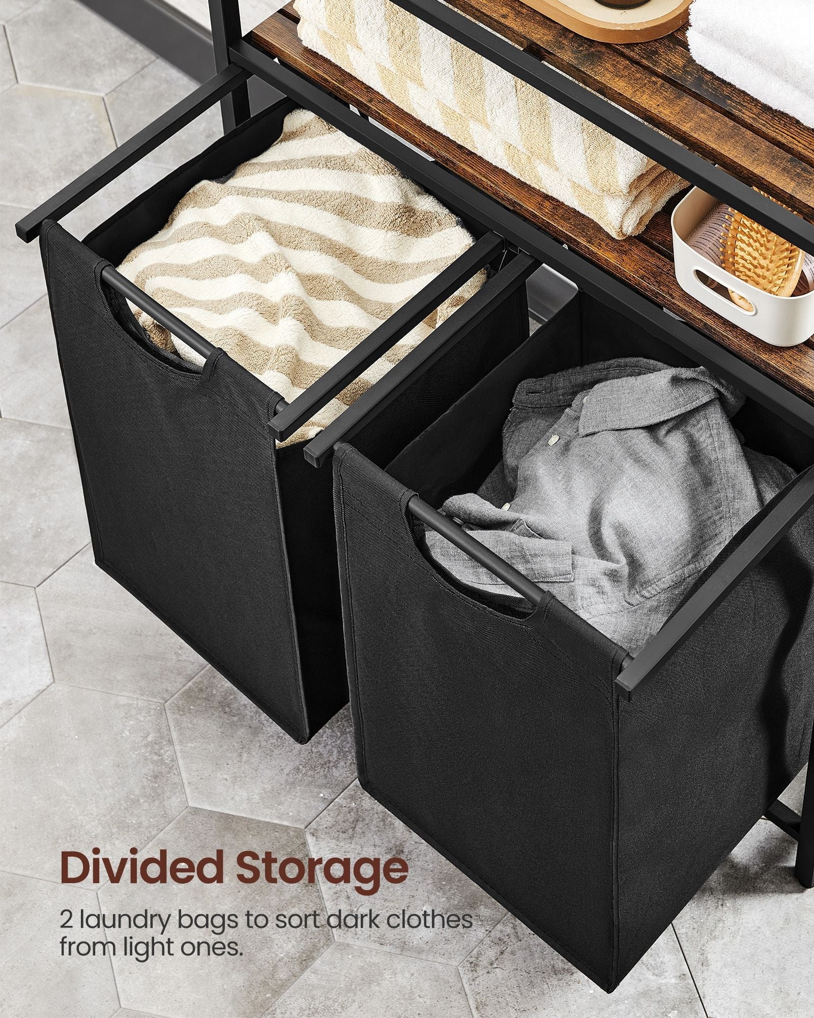 Laundry Basket - Wood - Rustic Brown - Dual Removable Bags with Shelves