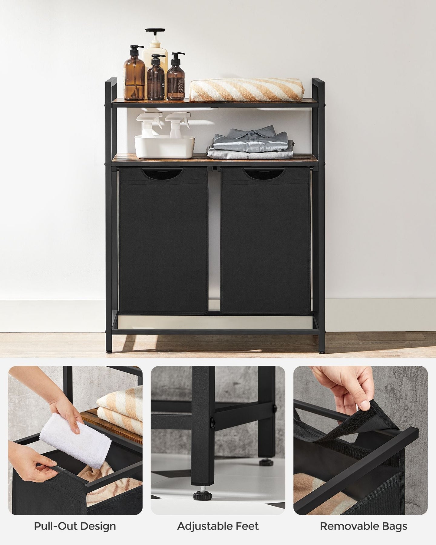 Laundry Basket - Wood - Rustic Brown - Dual Removable Bags with Shelves