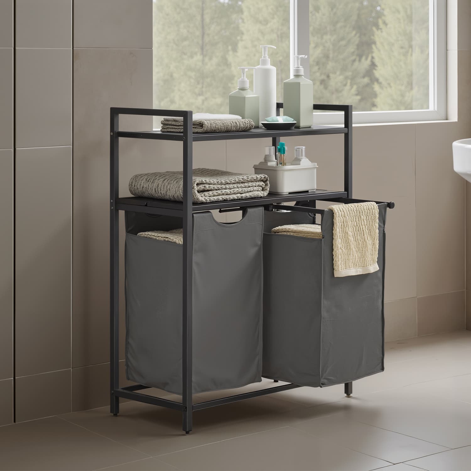 Laundry Hamper - Metal - Black and Grey - Dual Pull-Out Bags with Shelves