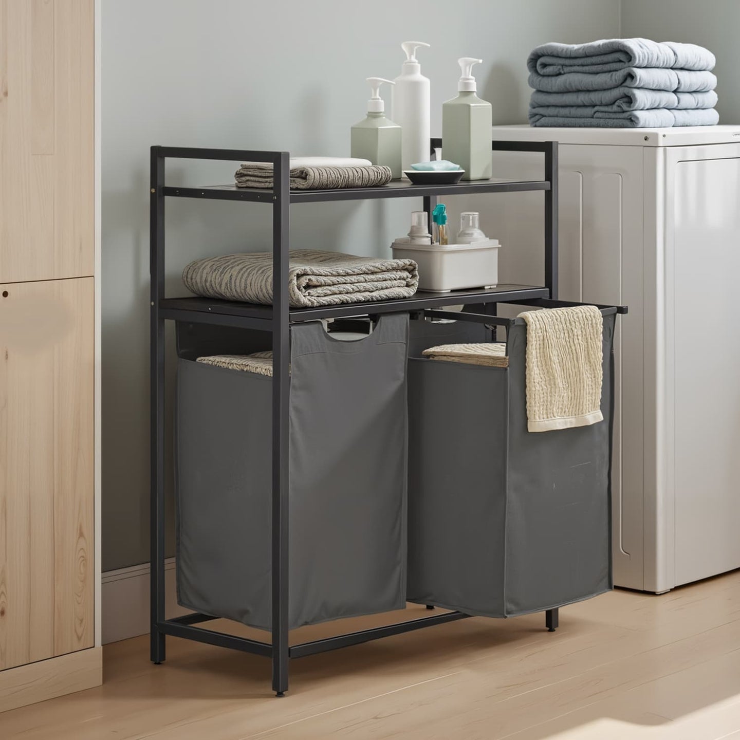 Laundry Hamper - Metal - Black and Grey - Dual Pull-Out Bags with Shelves