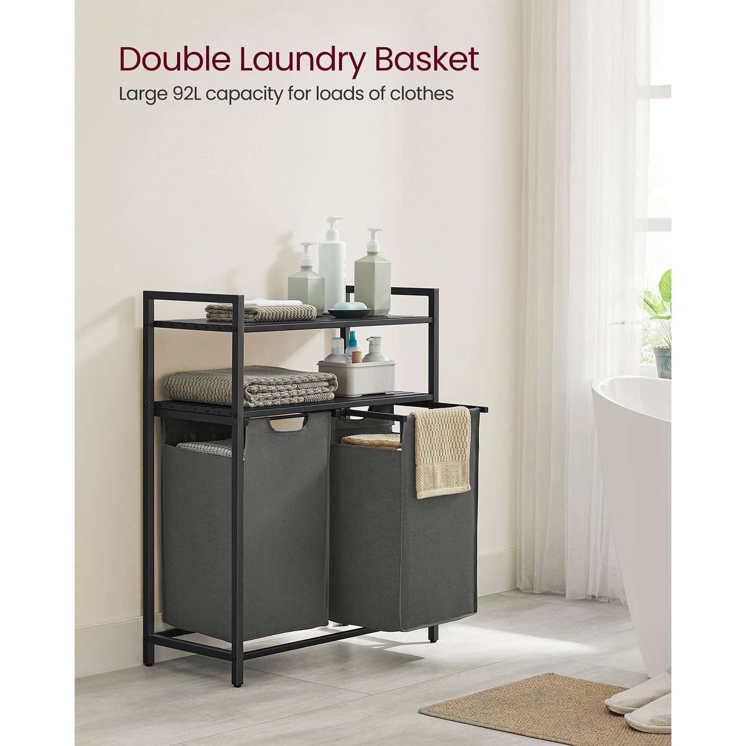 Laundry Basket - Fabric - Black and Grey - Dual Pull-Out Bags with Shelves