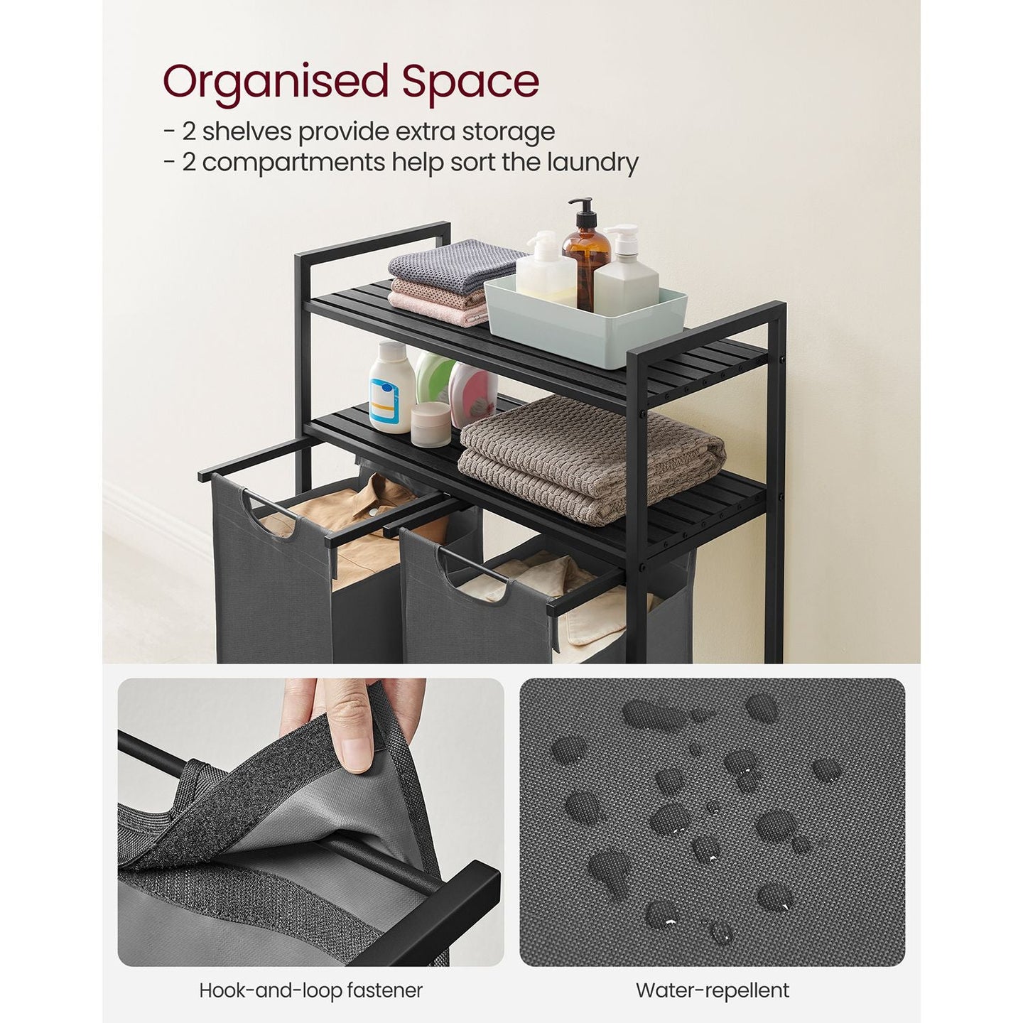 Laundry Basket - Fabric - Black and Grey - Dual Pull-Out Bags with Shelves