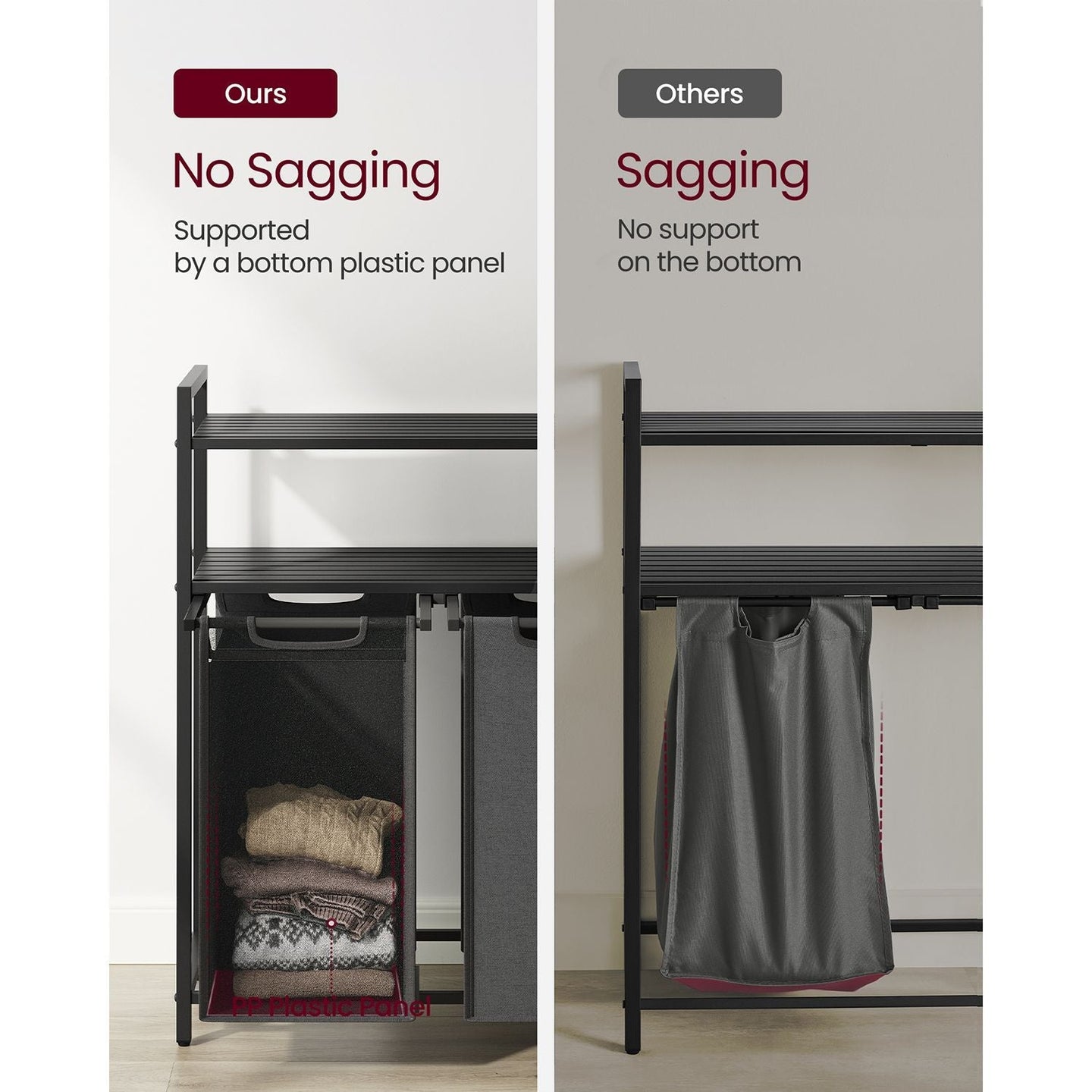 Laundry Basket - Fabric - Black and Grey - Dual Pull-Out Bags with Shelves