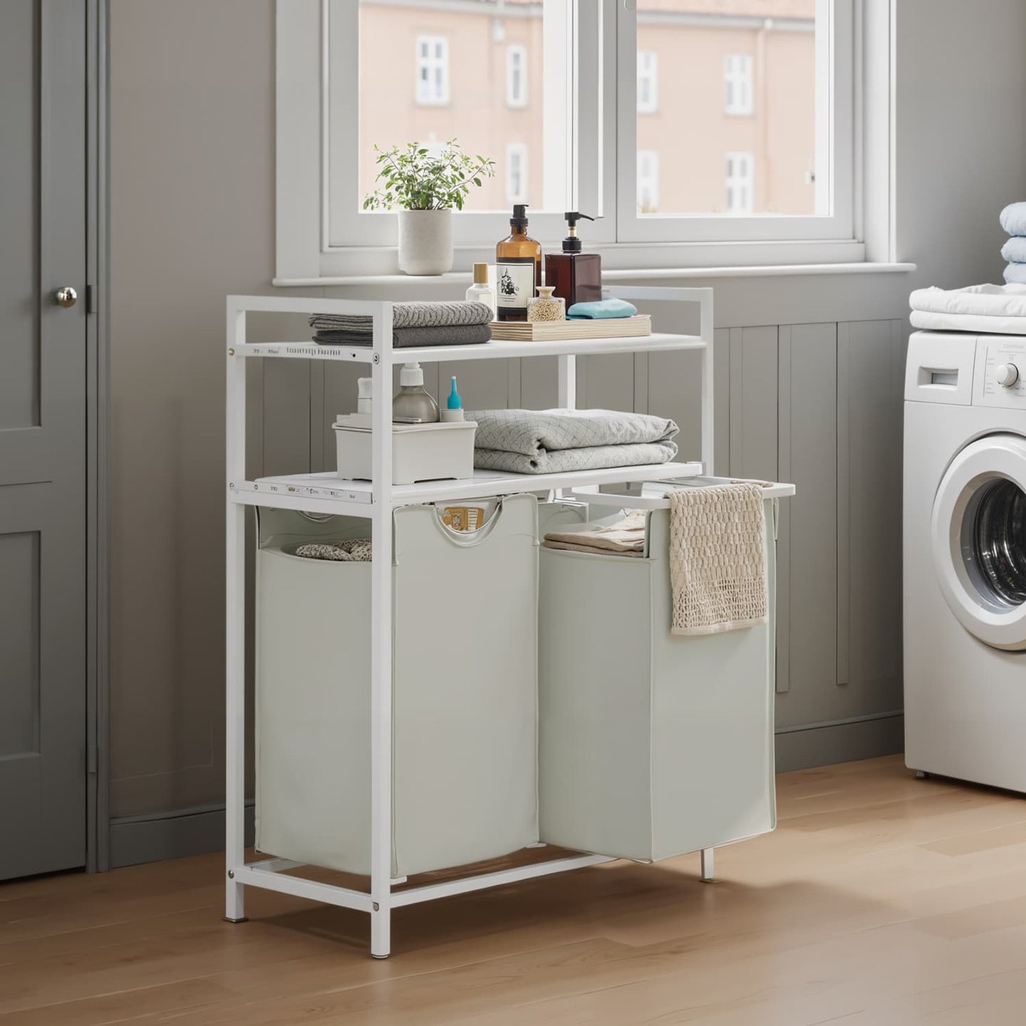 Laundry Hamper - Metal - Black and Grey - Dual Pull-Out Bags with Shelves