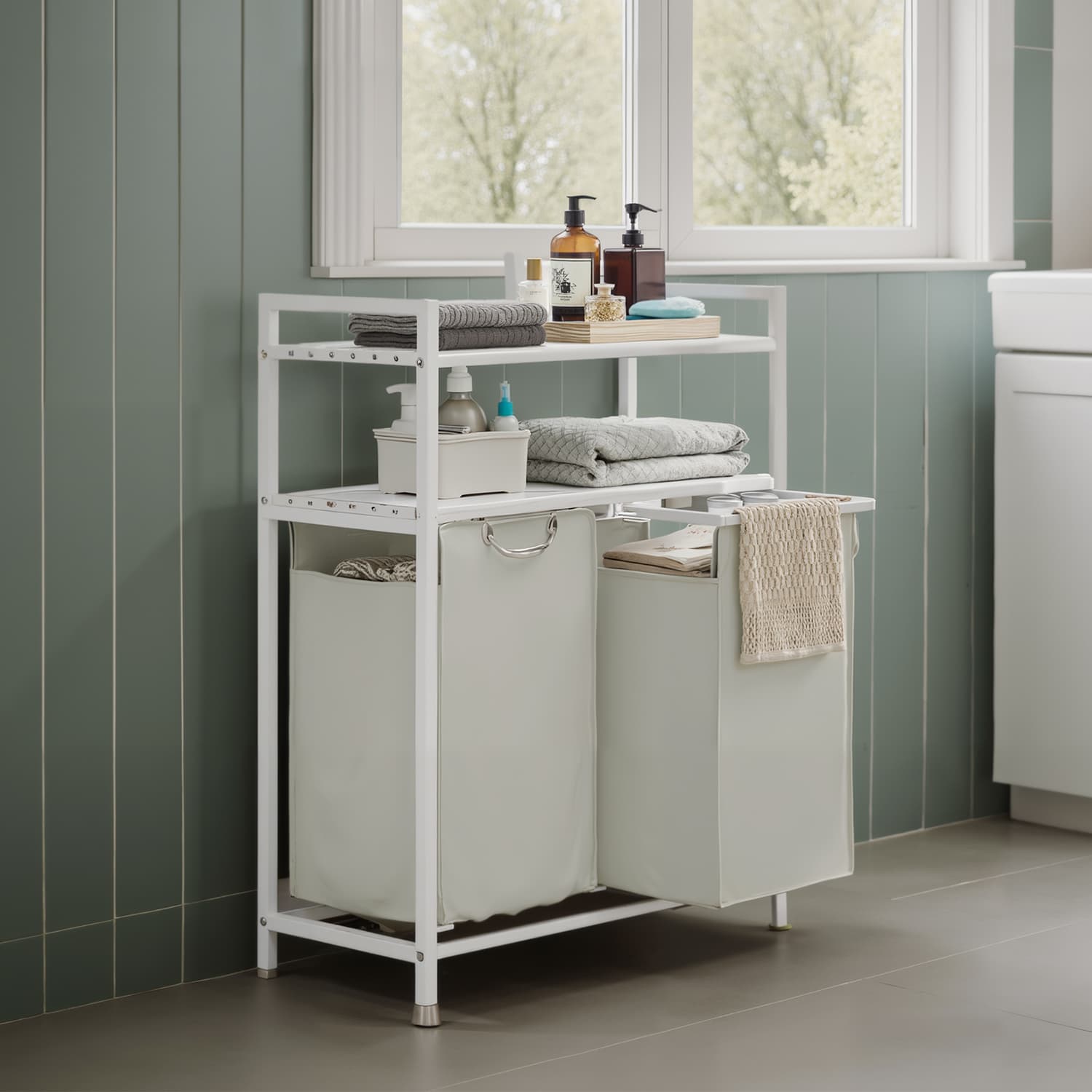 Laundry Hamper - Metal - Black and Grey - Dual Pull-Out Bags with Shelves